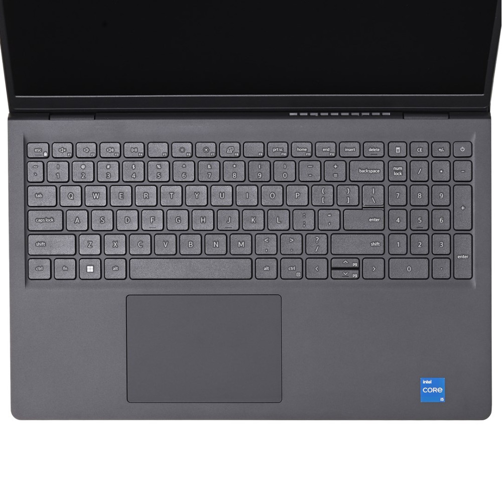 Szary laptop z klawiaturą i touchpadem. Logo Intel Core i5.
