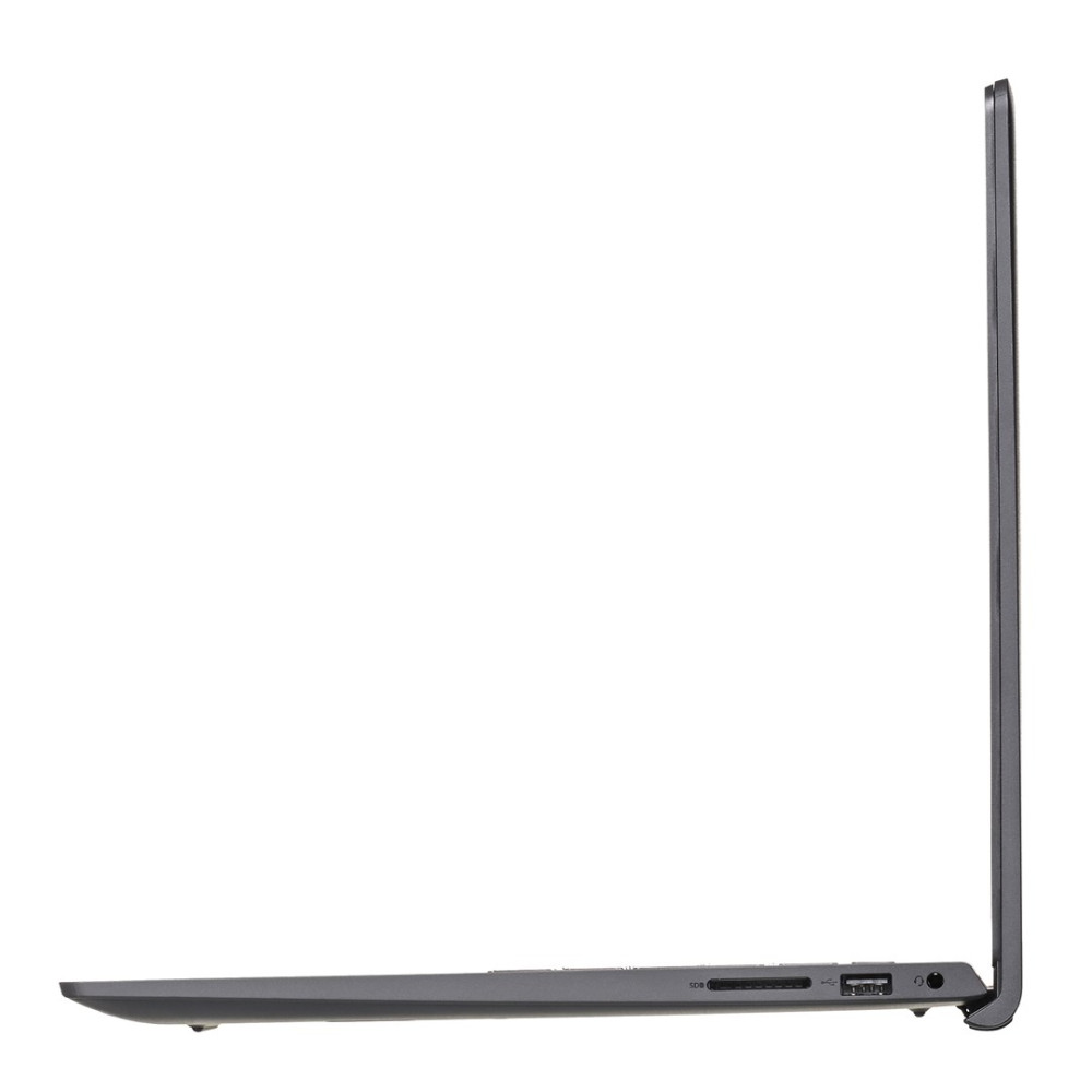 Szary laptop w profilu, z portami USB i czytnikiem kart SD.