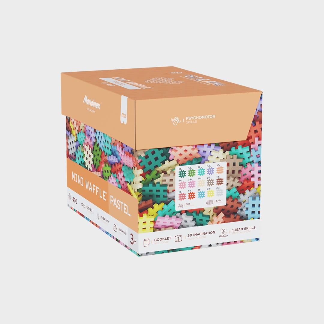 Pudełko klocków Marioinex Mini Waffle Pastel z kolorowymi elementami.