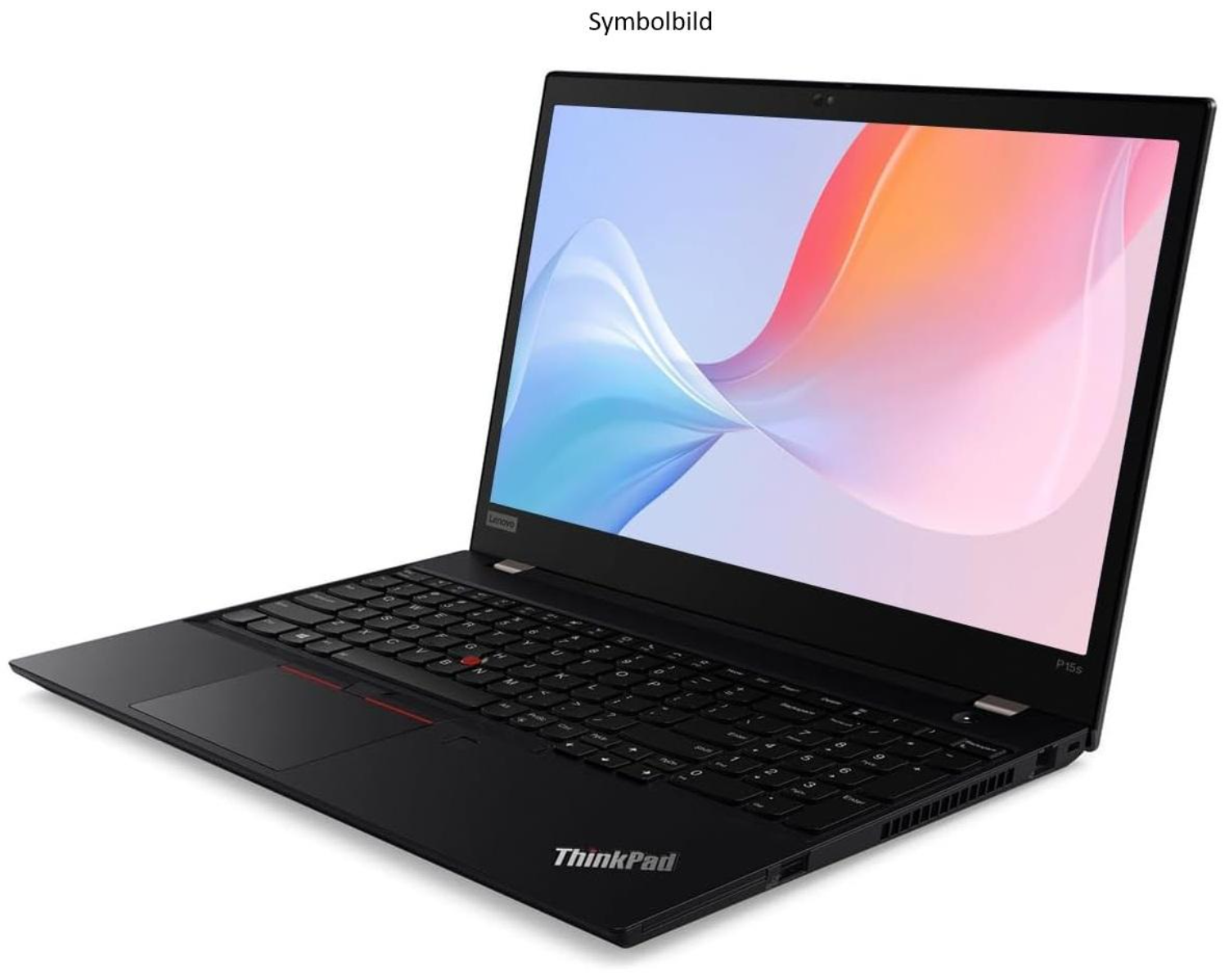 Ein schwarzer Lenovo ThinkPad Laptop mit beleuchtetem Bildschirm, der ein abstraktes Muster zeigt.