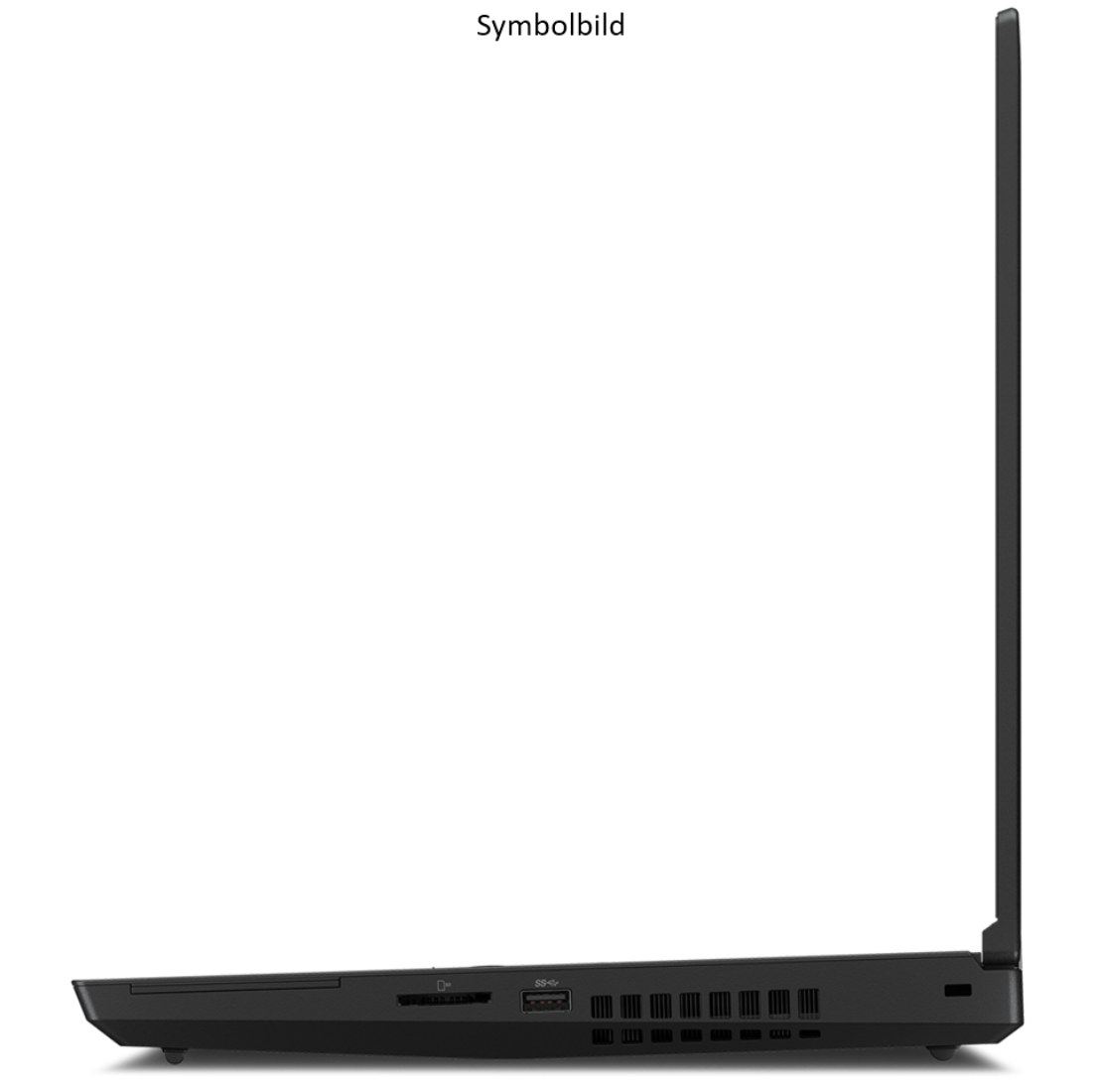 Seitenansicht eines schwarzen Laptops mit sichtbaren Anschlüssen und Lüftungsschlitzen.