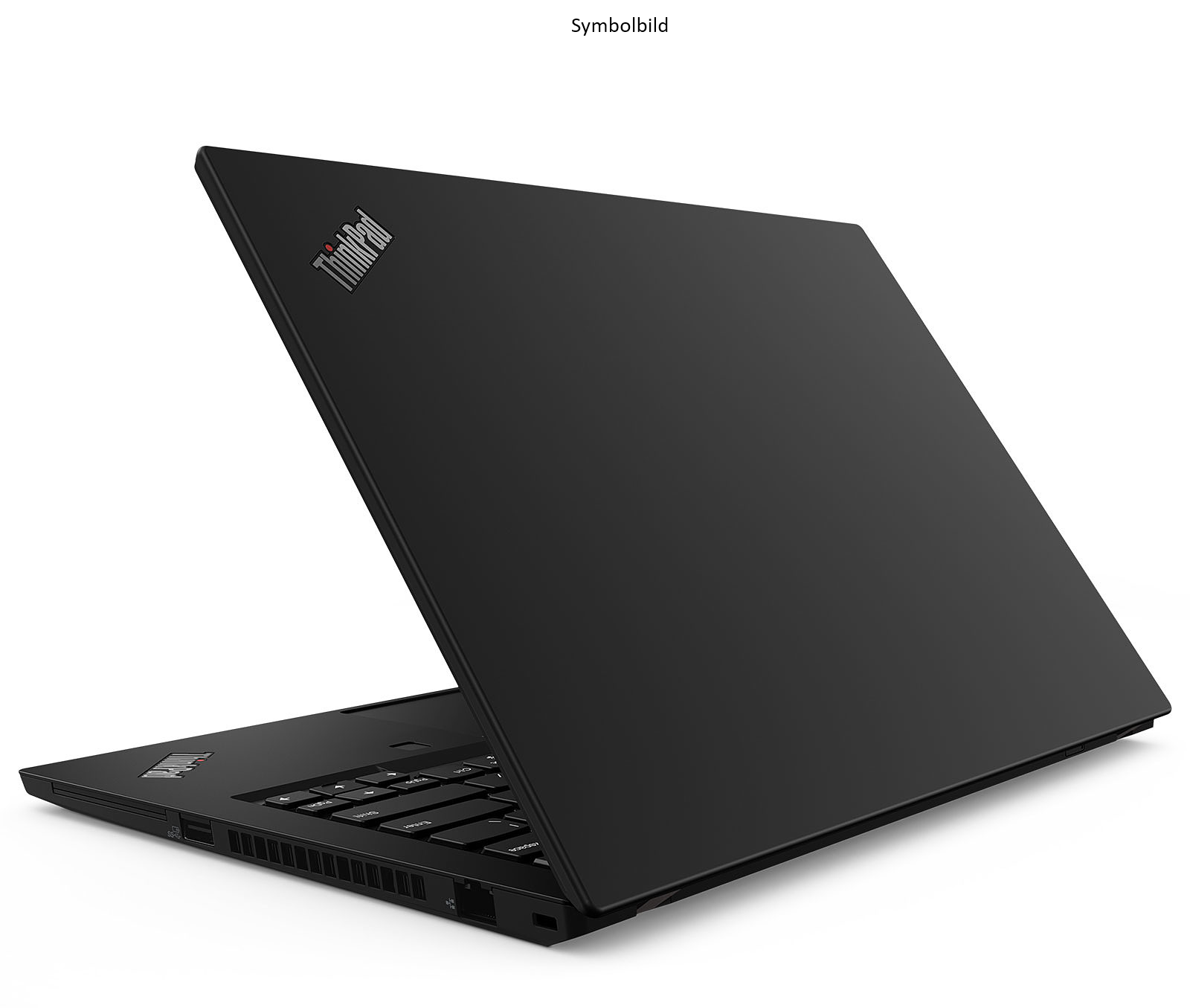 Schwarzer Laptop mit ThinkPad-Logo, teilweise geöffnet, auf weißem Hintergrund.