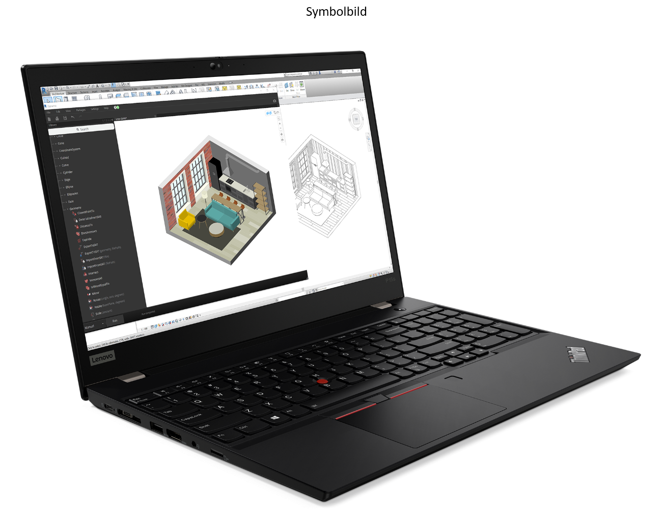 Ein schwarzer Lenovo ThinkPad Laptop zeigt Architektursoftware mit einer 3D-Raumdarstellung.