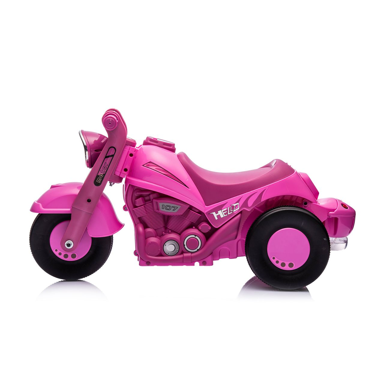 Ein rosa Kinder-Dreirad-Motorrad mit schwarzen Rädern und dem Schriftzug "HELO".