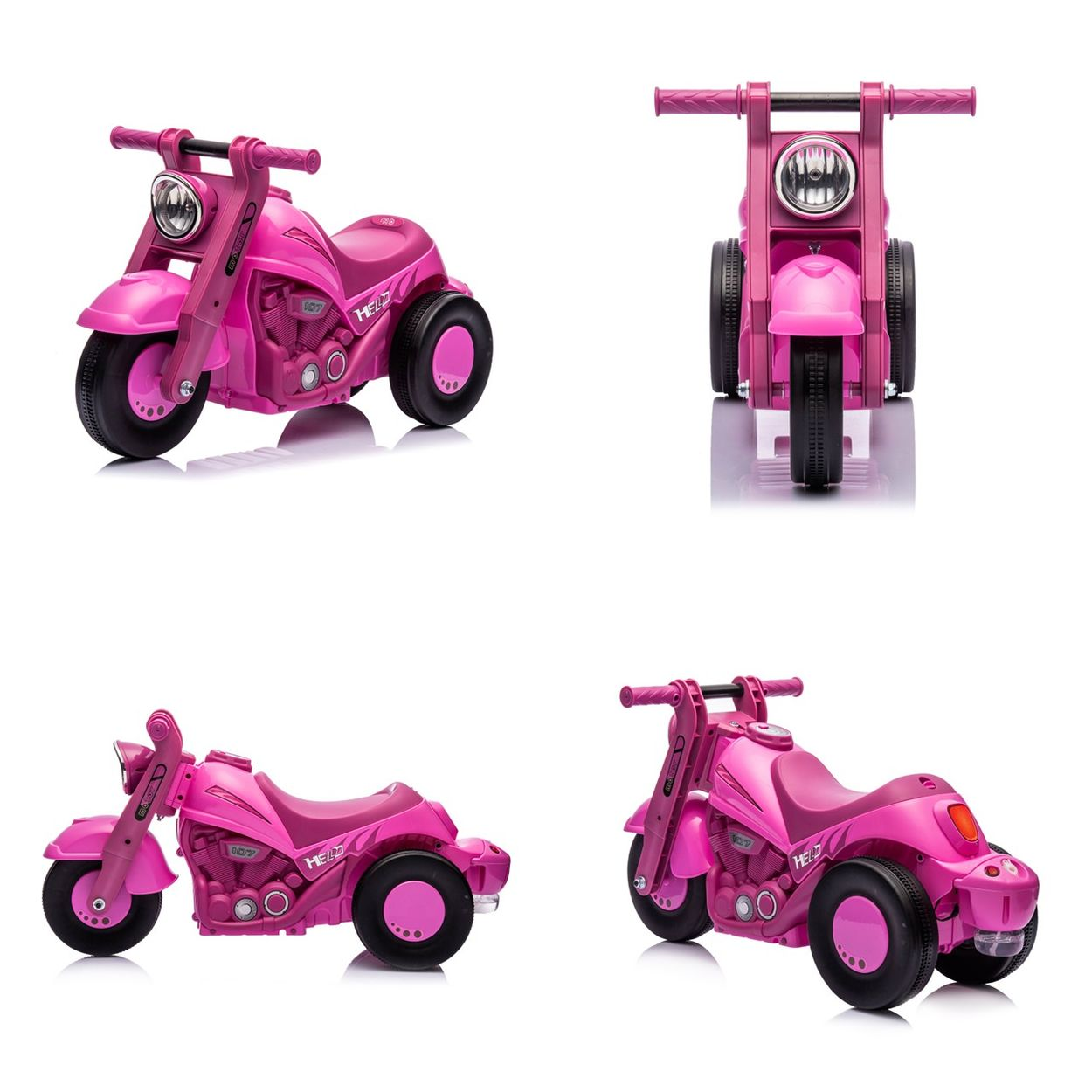 Rosa Kinder-Dreirad-Motorrad mit Scheinwerfer und schwarzen Rädern.