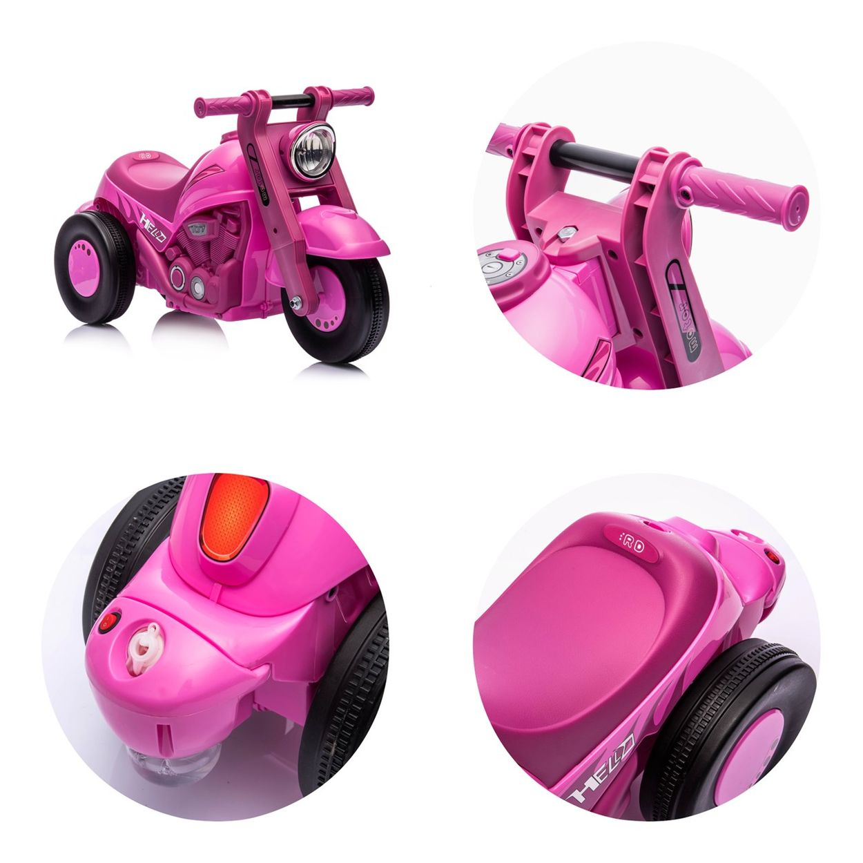 Ein rosafarbener Spielzeugmotorrad mit drei Rädern, detaillierter Vorderseite und Sitz.