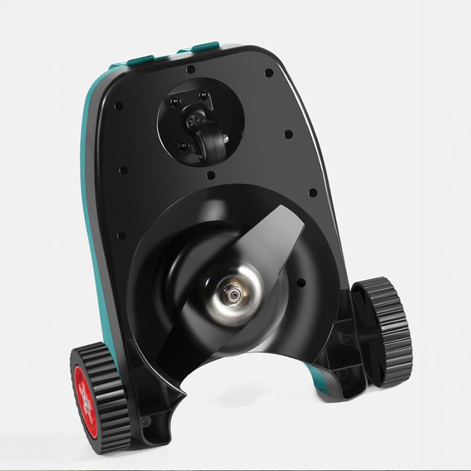 Un robot cortacésped con ruedas negras y llanta roja.