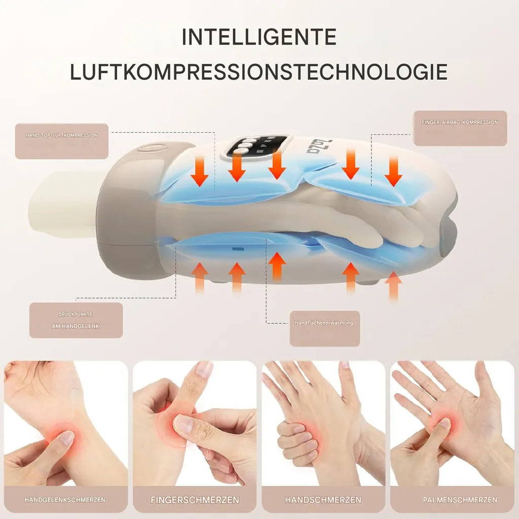 Handmassagegerät mit Luftkompression und Wärmefunktion, zeigt verschiedene Handbereiche.