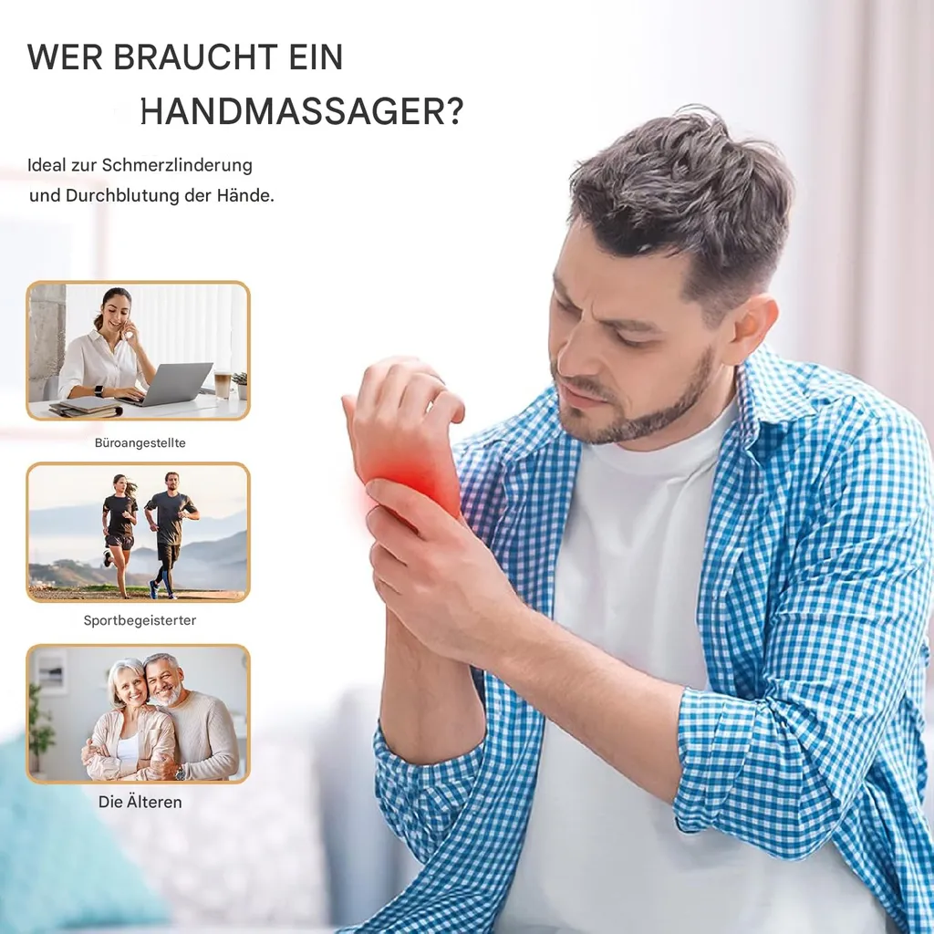 Mann mit schmerzender Hand, daneben Bilder von Büroangestellten, Läufern und älteren Paaren.