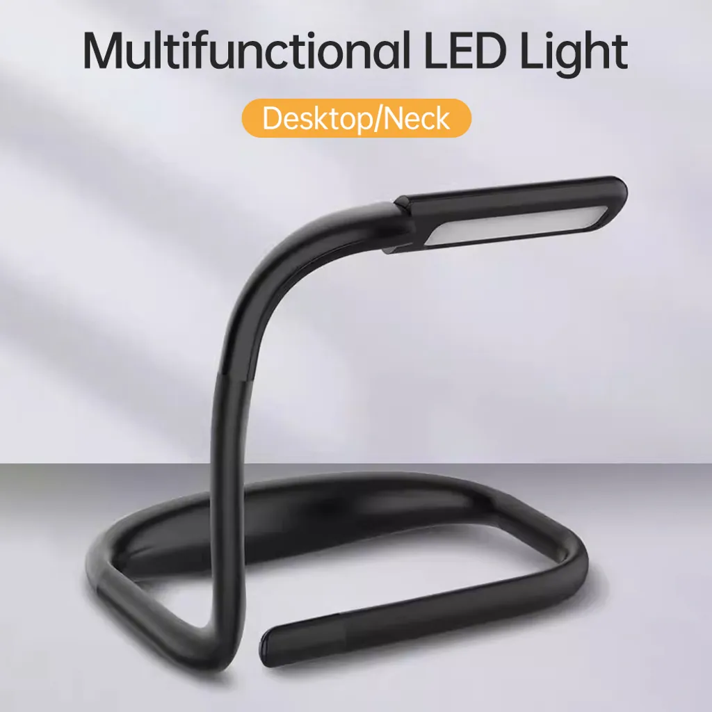 Eine schwarze multifunktionale LED-Leuchte mit flexiblem Hals steht auf einer Oberfläche.
