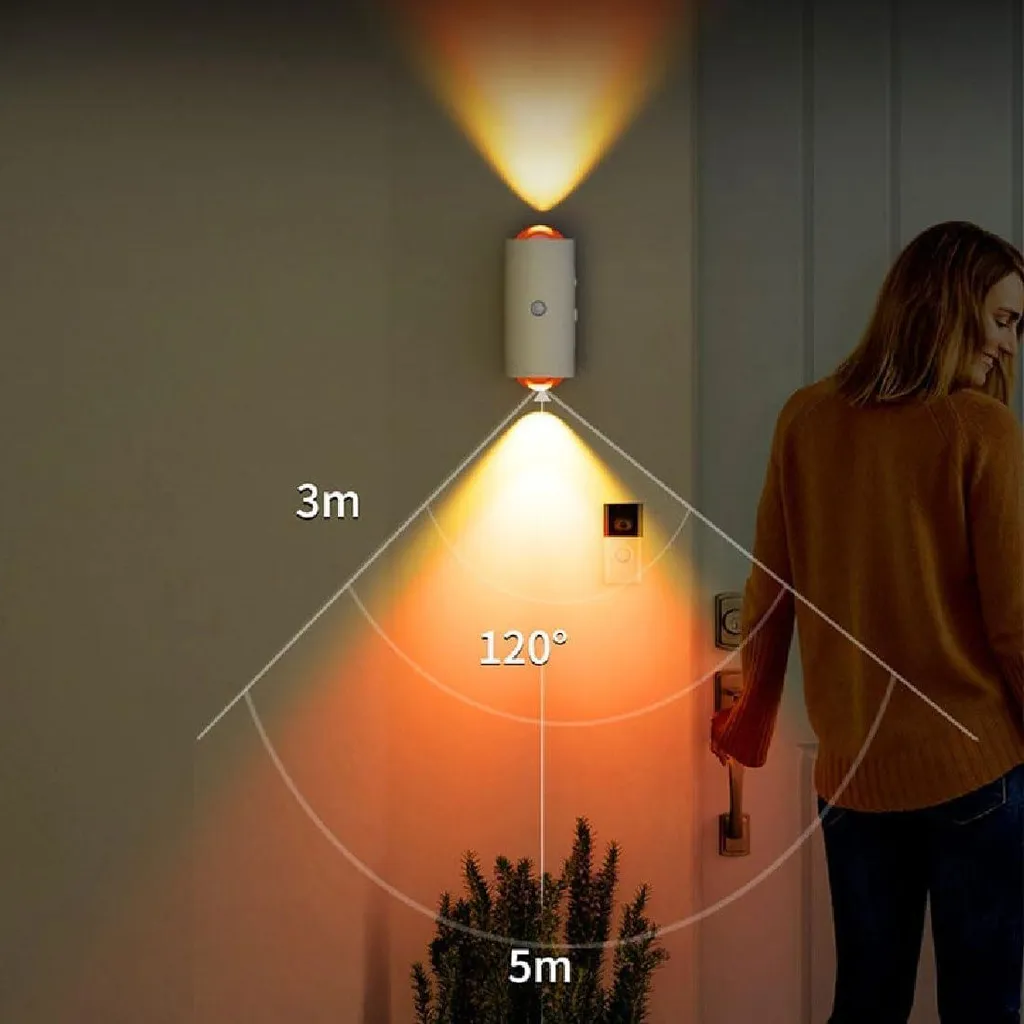 Ein moderner Wandleuchter beleuchtet einen Bereich von 3m und 120 Grad vor einer Tür.