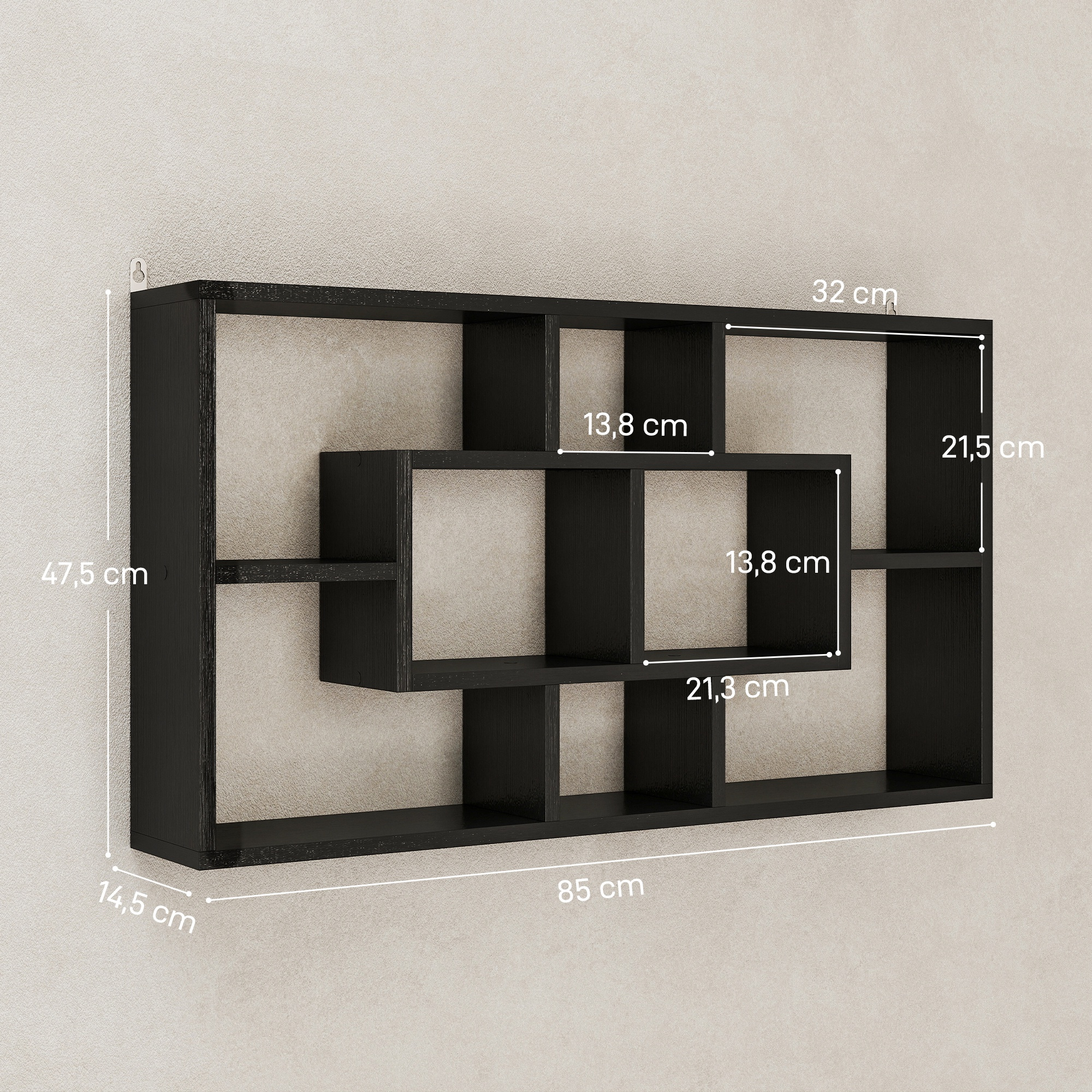 Estantería de pared negra con varios compartimentos y dimensiones.