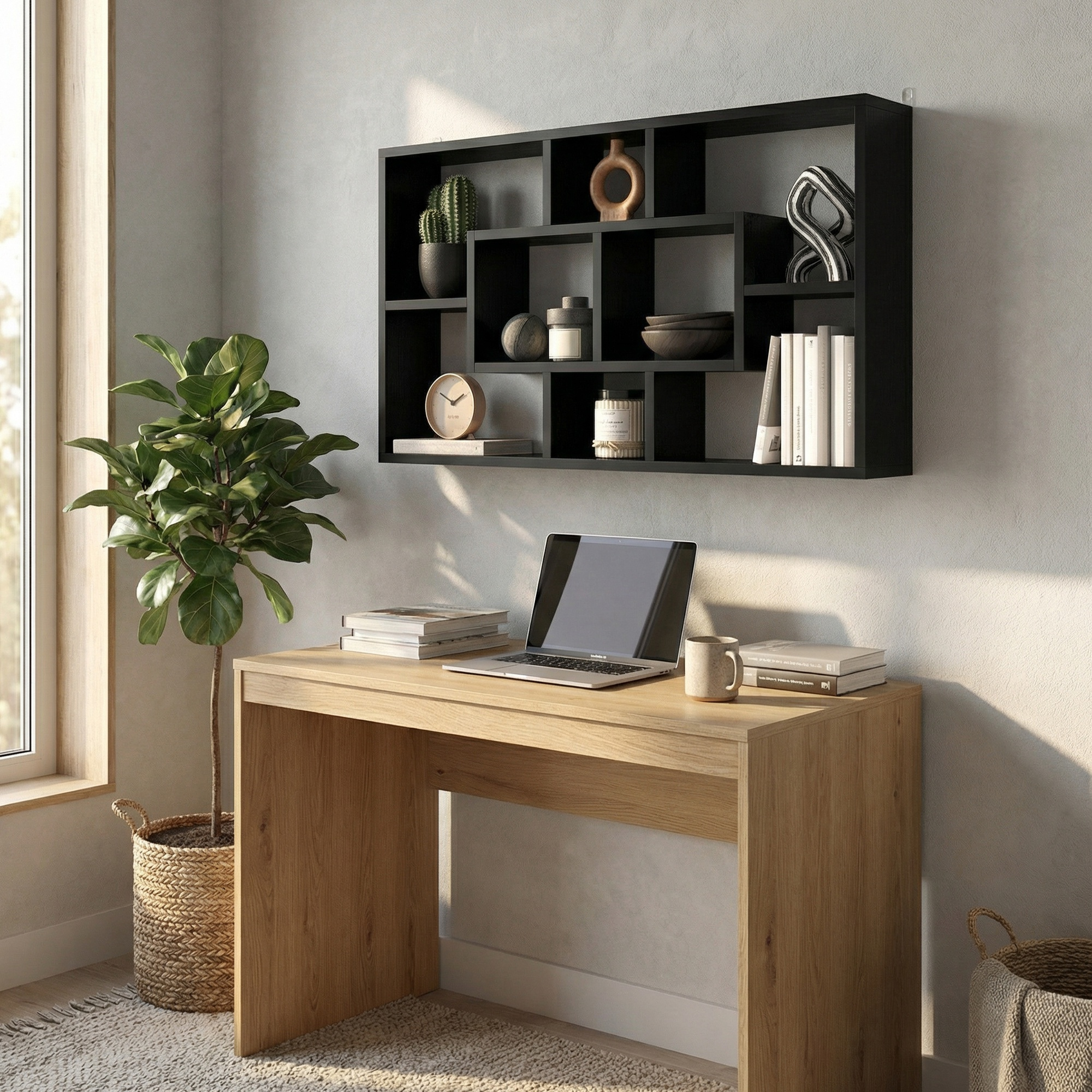 Un escritorio con portátil, libros y una planta junto a una ventana.