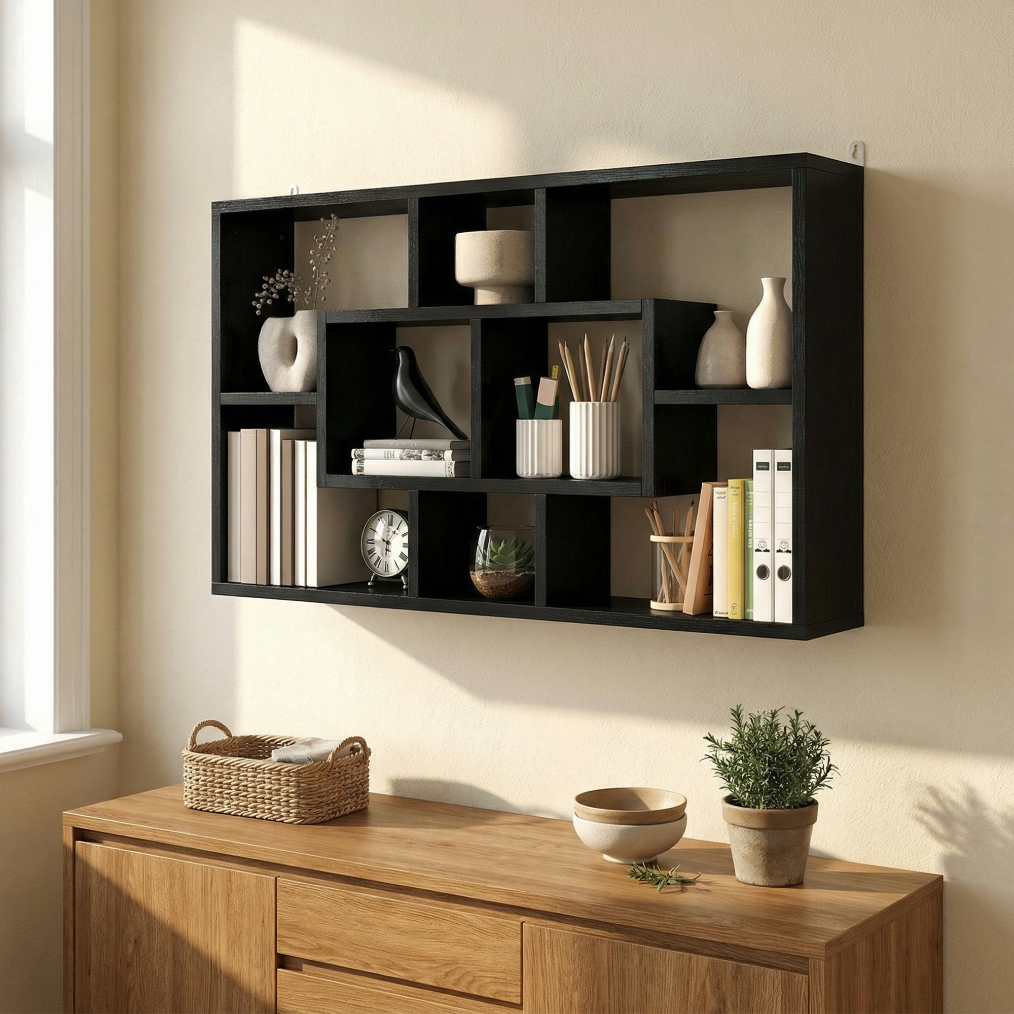 Un estante de pared negro con libros, jarrones y decoraciones sobre un mueble de madera.