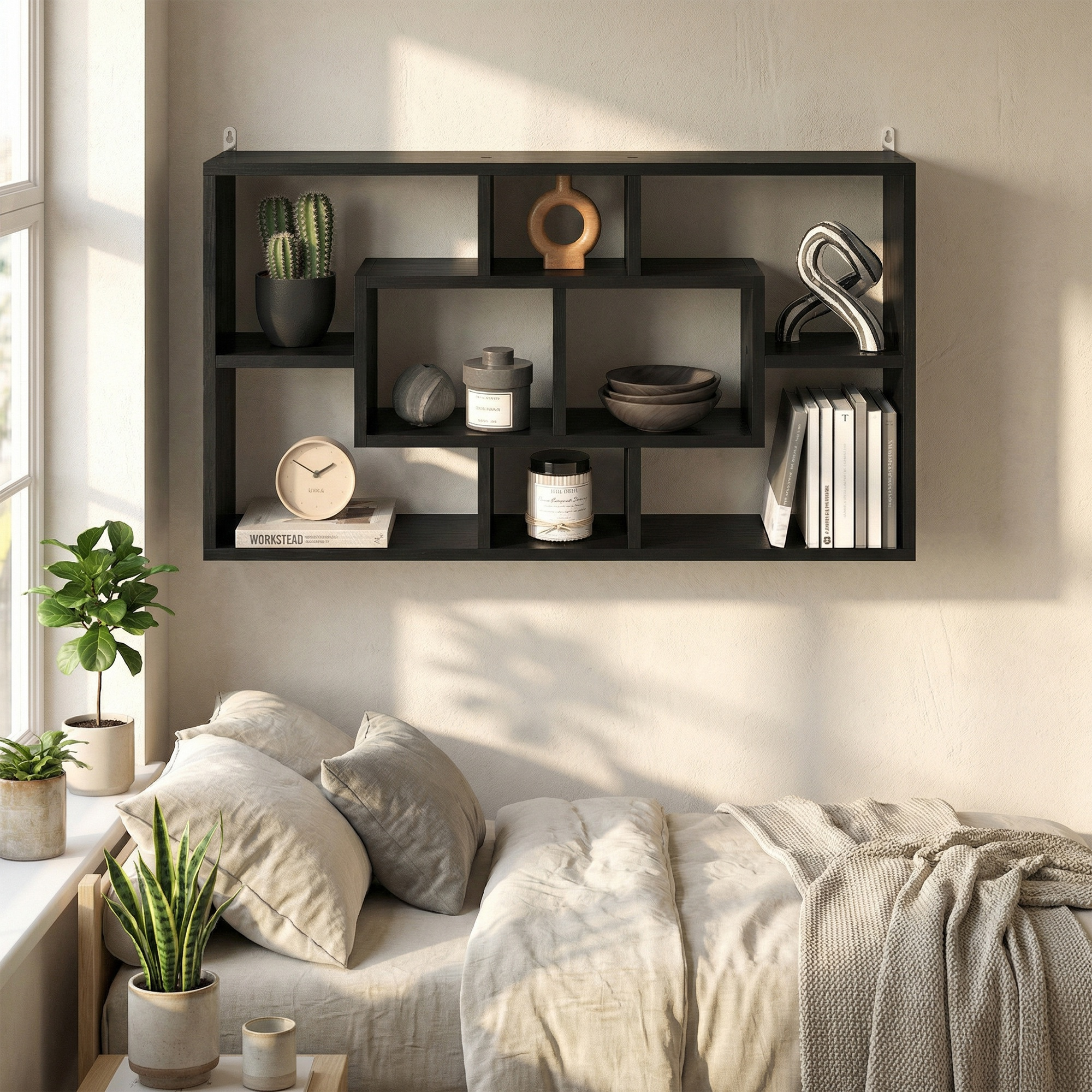 Un estante negro con objetos decorativos sobre una cama con almohadas y mantas.
