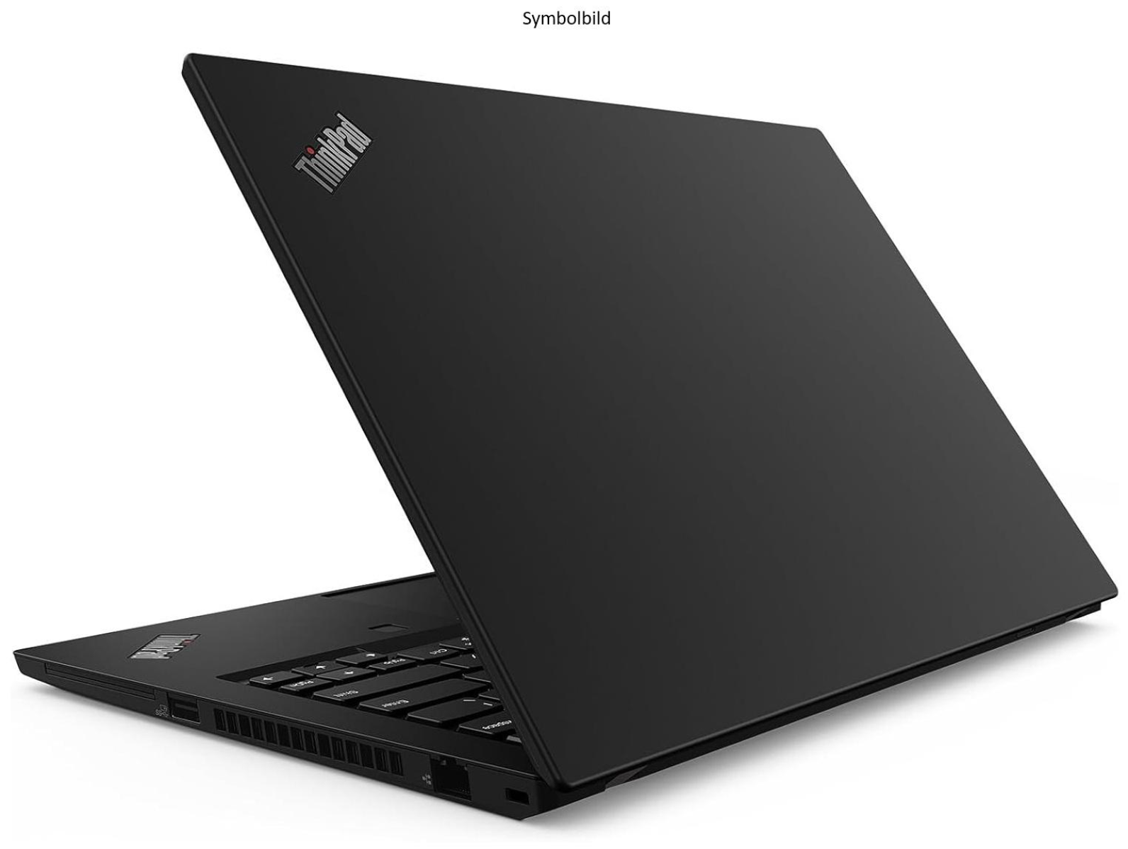 Ein schwarzer Laptop im ThinkPad-Design, geöffnet und schräg dargestellt.
