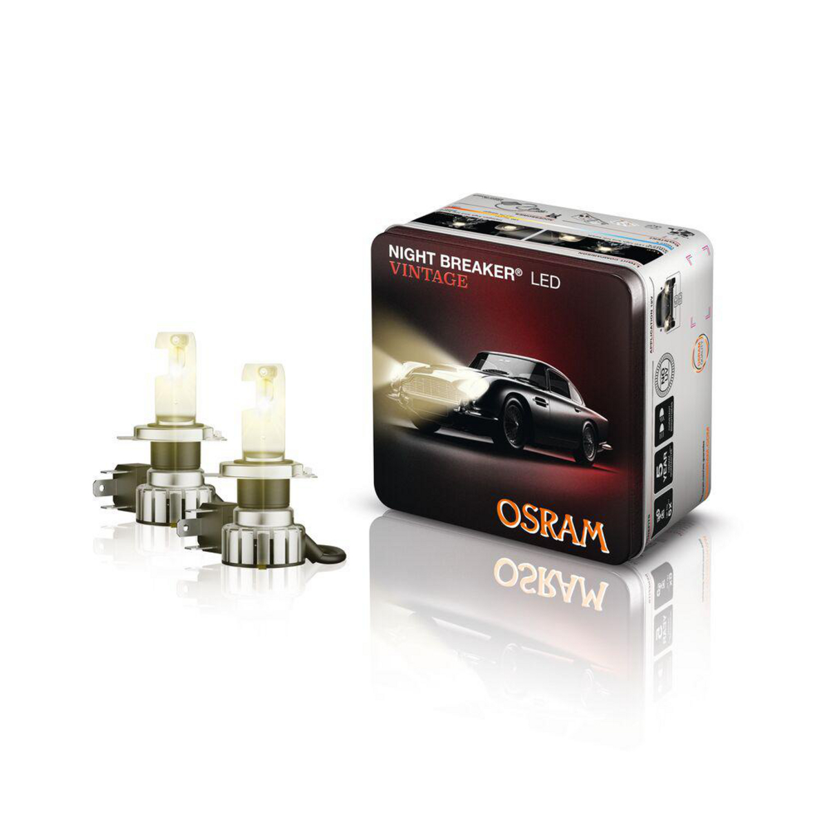 Zwei Osram Night Breaker Vintage LED-Birnen und ihre Verpackung mit einem Oldtimer.