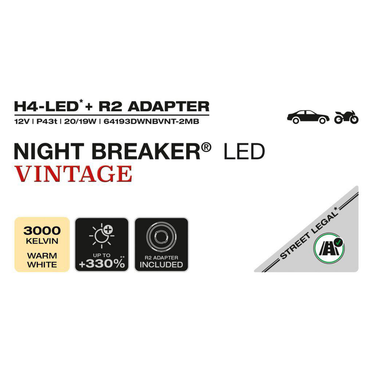 H4-LED + R2 Adapter. Nacht-Brecher LED Vintage. 3000K Warmweiß. Bis zu +330%. R2 Adapter inkl.