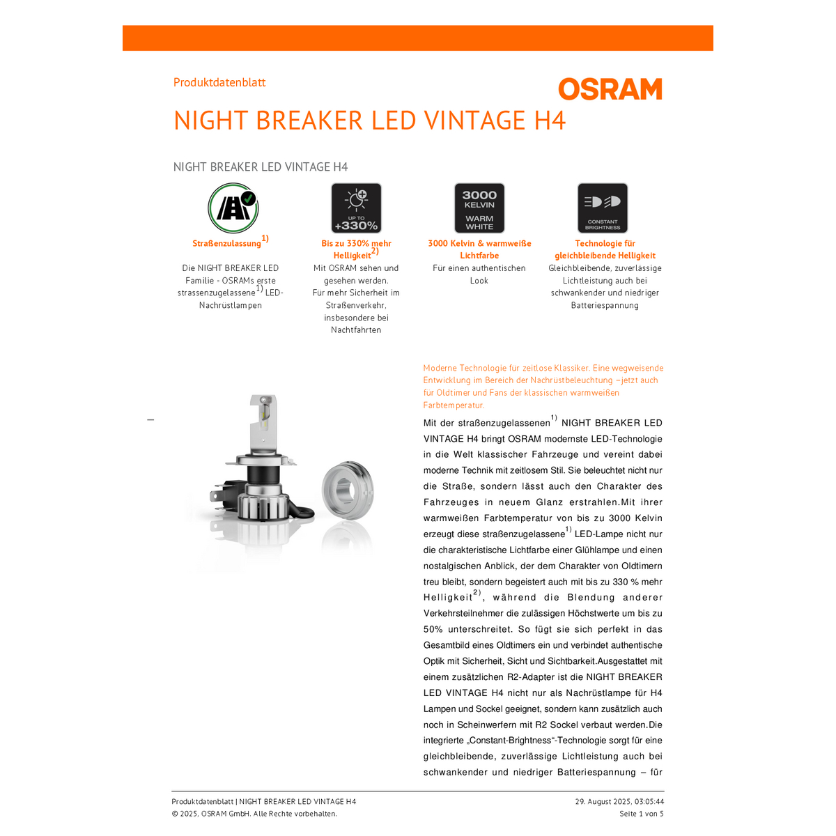OSRAM NIGHT BREAKER LED VINTAGE H4 Produktblatt mit drei Icons: Straßenzulassung, +330% Helligkeit, 3000K Warmweiß.