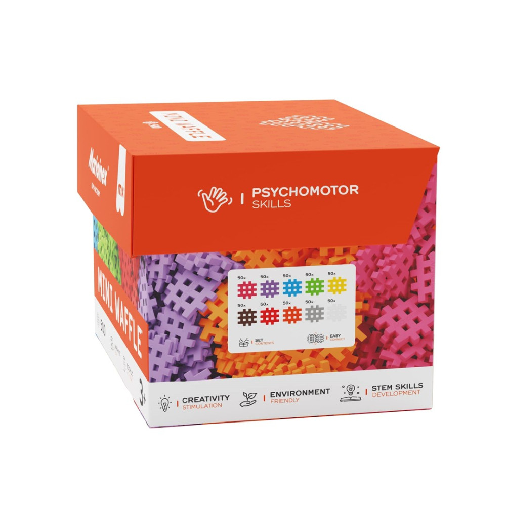 Caja de bloques de construcción Mini Waffle en morado, naranja y rosa. Fomenta la motricidad, creatividad y STEM.