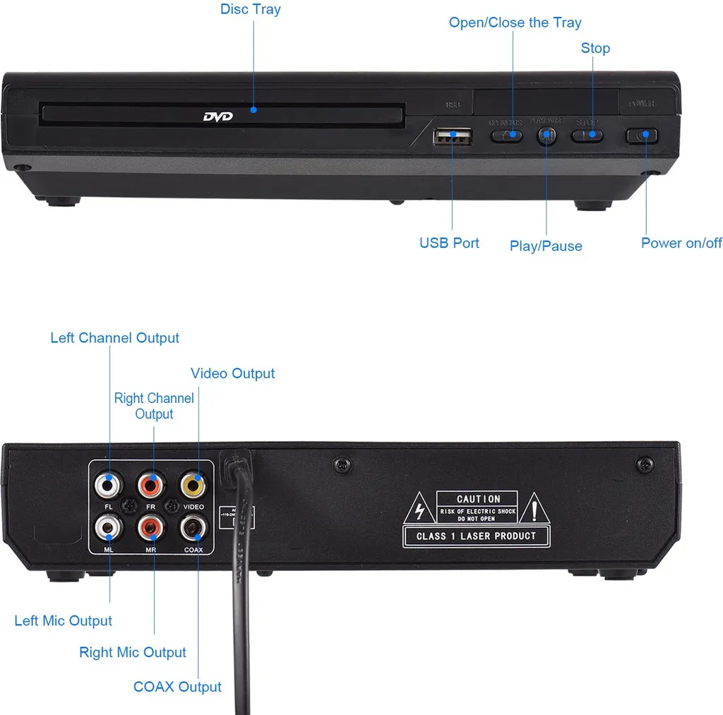 Vorder- und Rückseite eines schwarzen DVD-Players mit Beschriftungen für Anschlüsse.