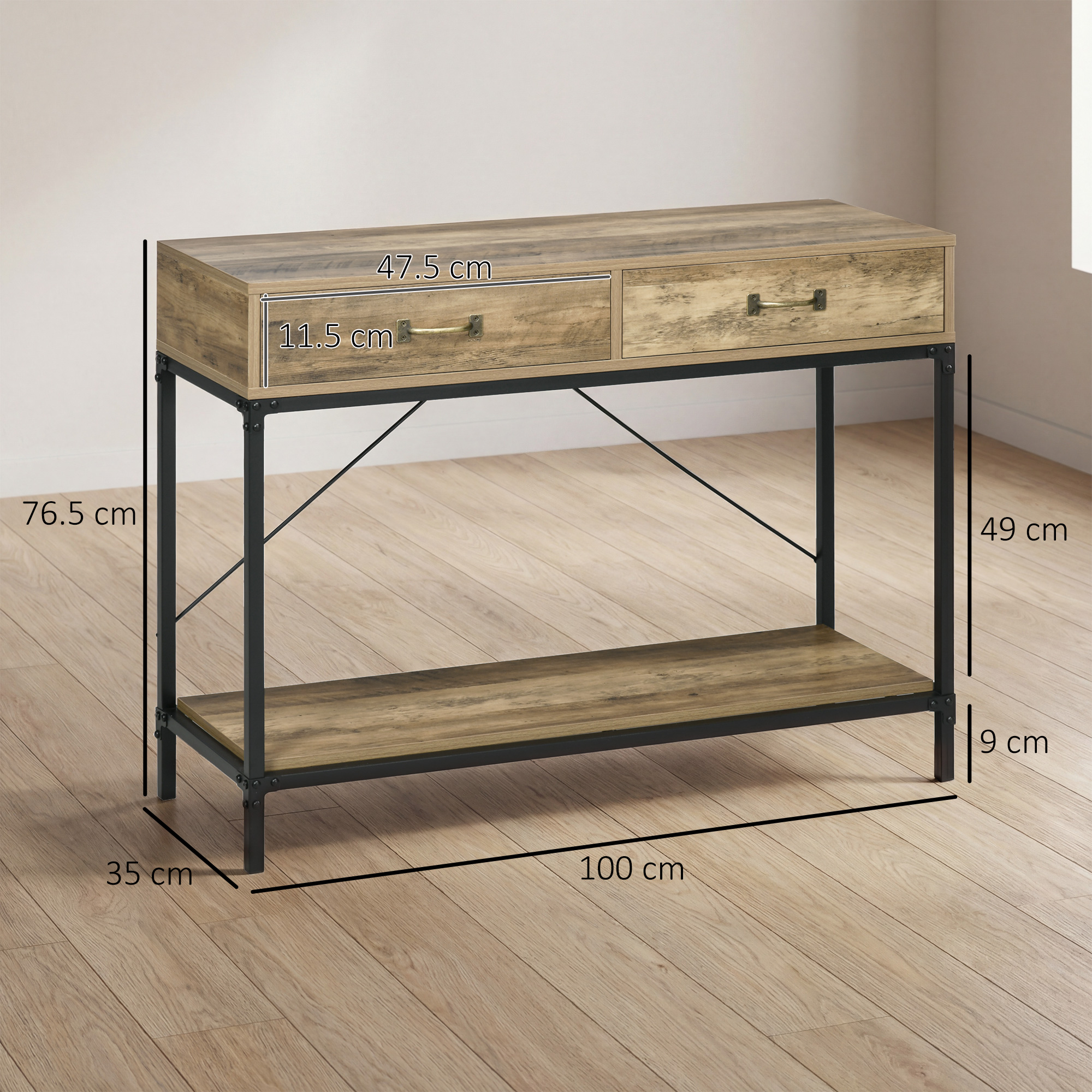 Tavolo consolle in legno con gambe in metallo nero, due cassetti e mensola.