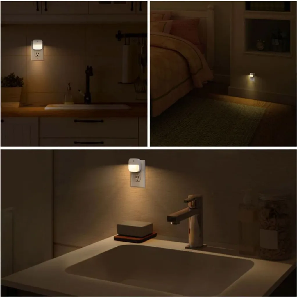 Nachtlichter beleuchten eine Küchenspüle, ein Schlafzimmer und ein Badezimmer.
