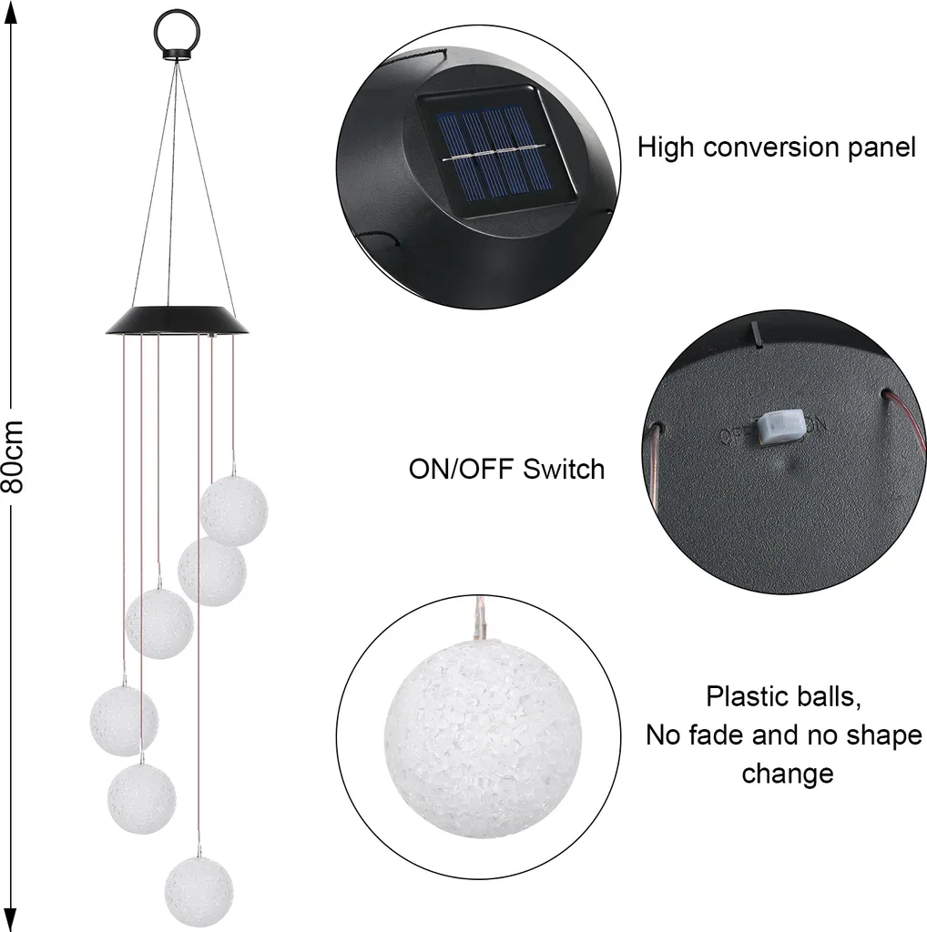 Solar-Windspiel mit 7 weißen Kugeln, 80cm lang, mit Solarpanel und Schalter.