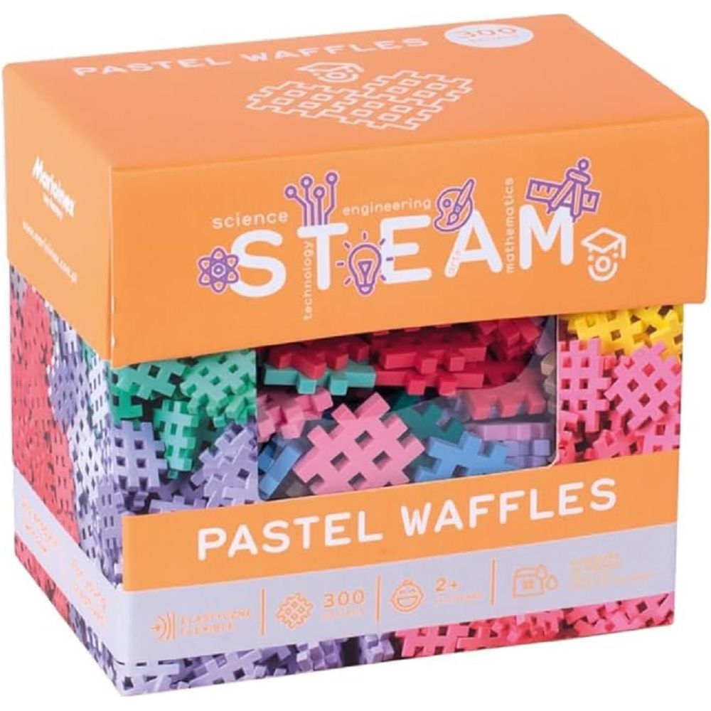 Pudełko pastelowych klocków waflowych w różnych kolorach z logo STEAM.