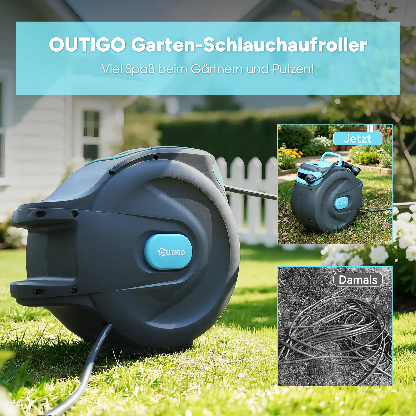 OUTIGO Gartenschlauchaufroller: Grau/Blau, auf Rasen, mit Haus & Garten. Vergleich.