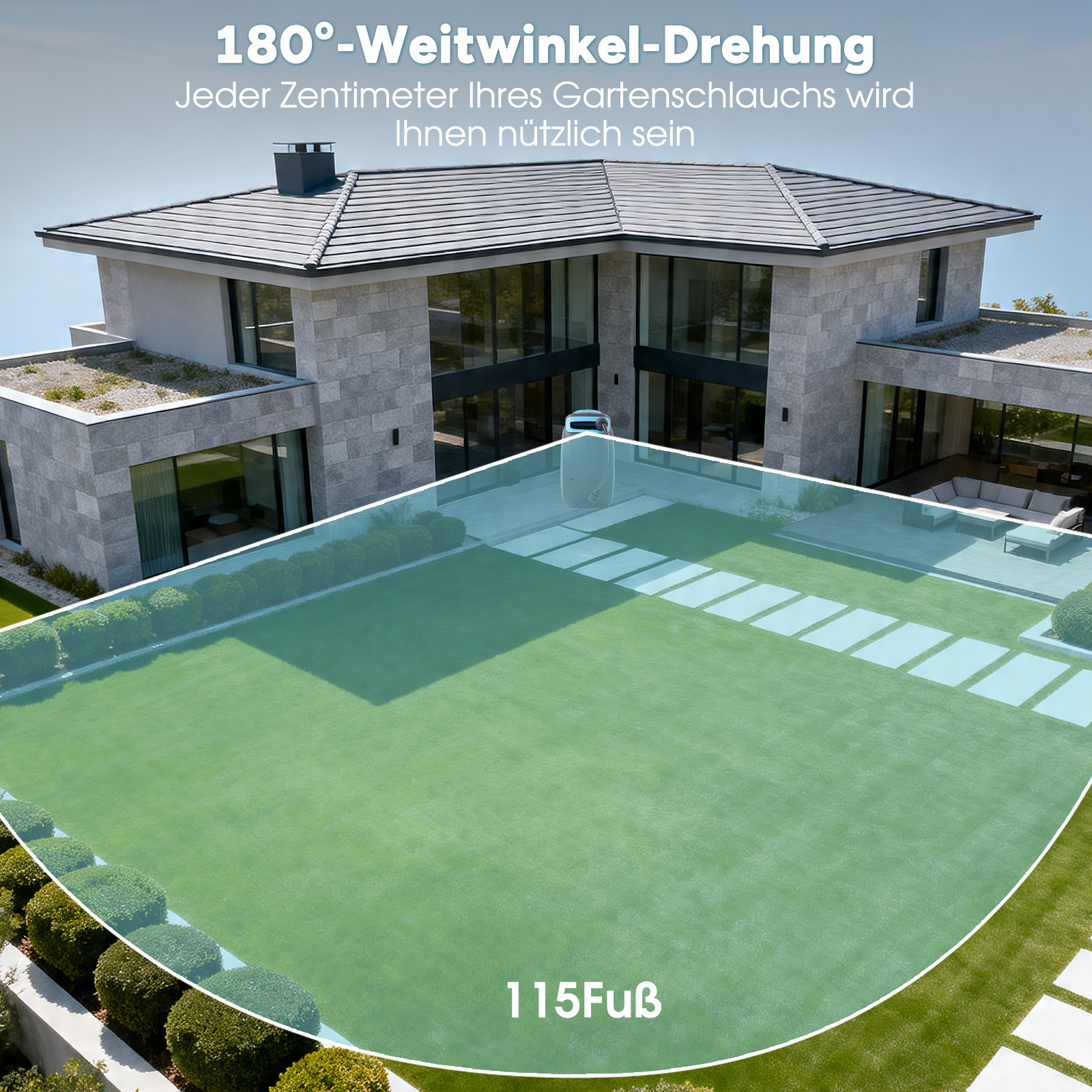 Moderner Flachbau mit Steinfassade, Dachterrasse und gepflegtem Rasen.