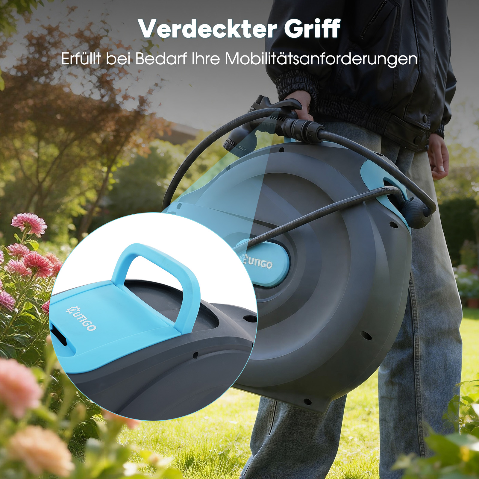 Person trägt eine Schlauchrolle mit ausziehbarem Griff. Nahaufnahme des Griffs.