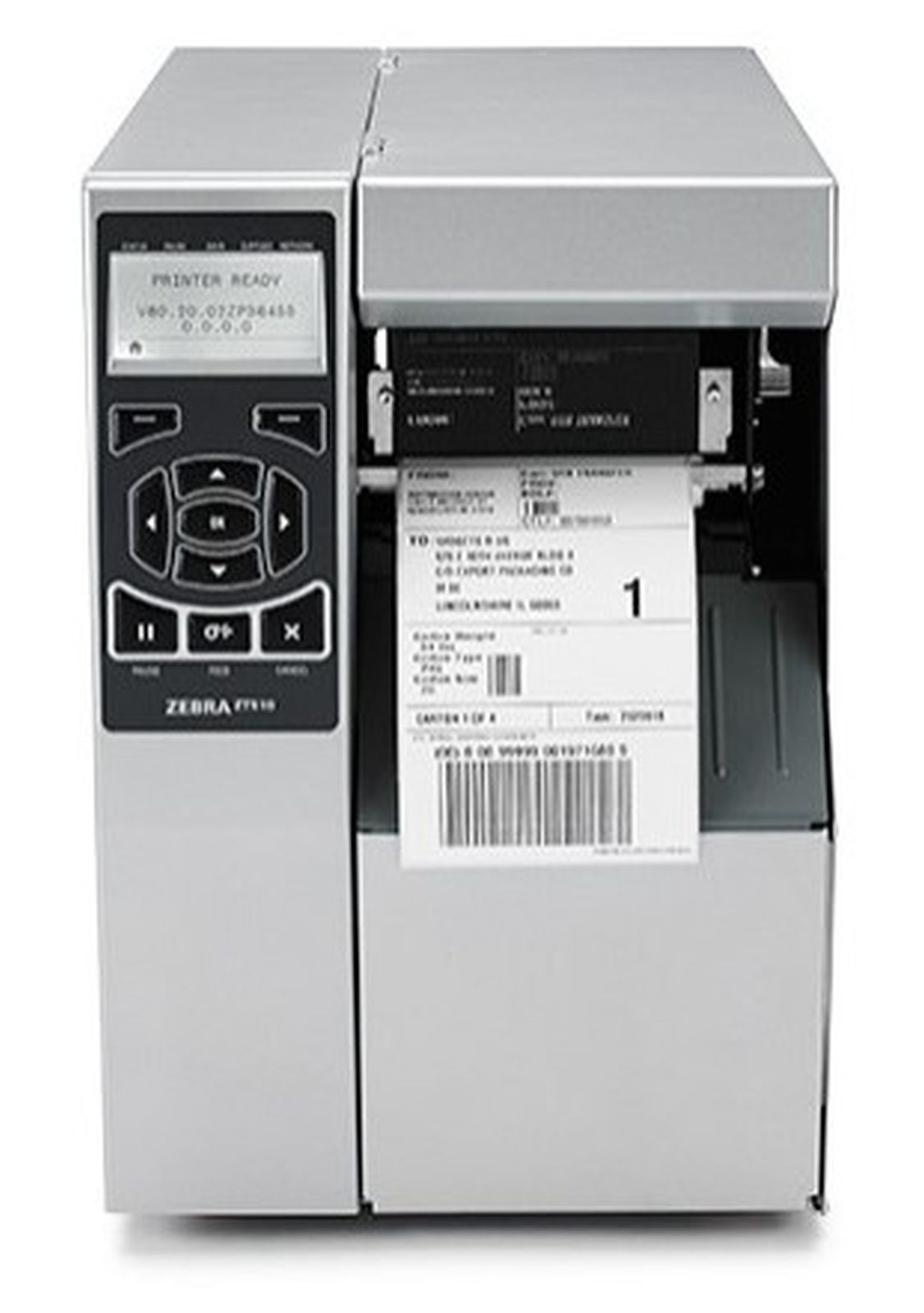 Una stampante Zebra argentata con schermo LCD e tastiera stampa un'etichetta.