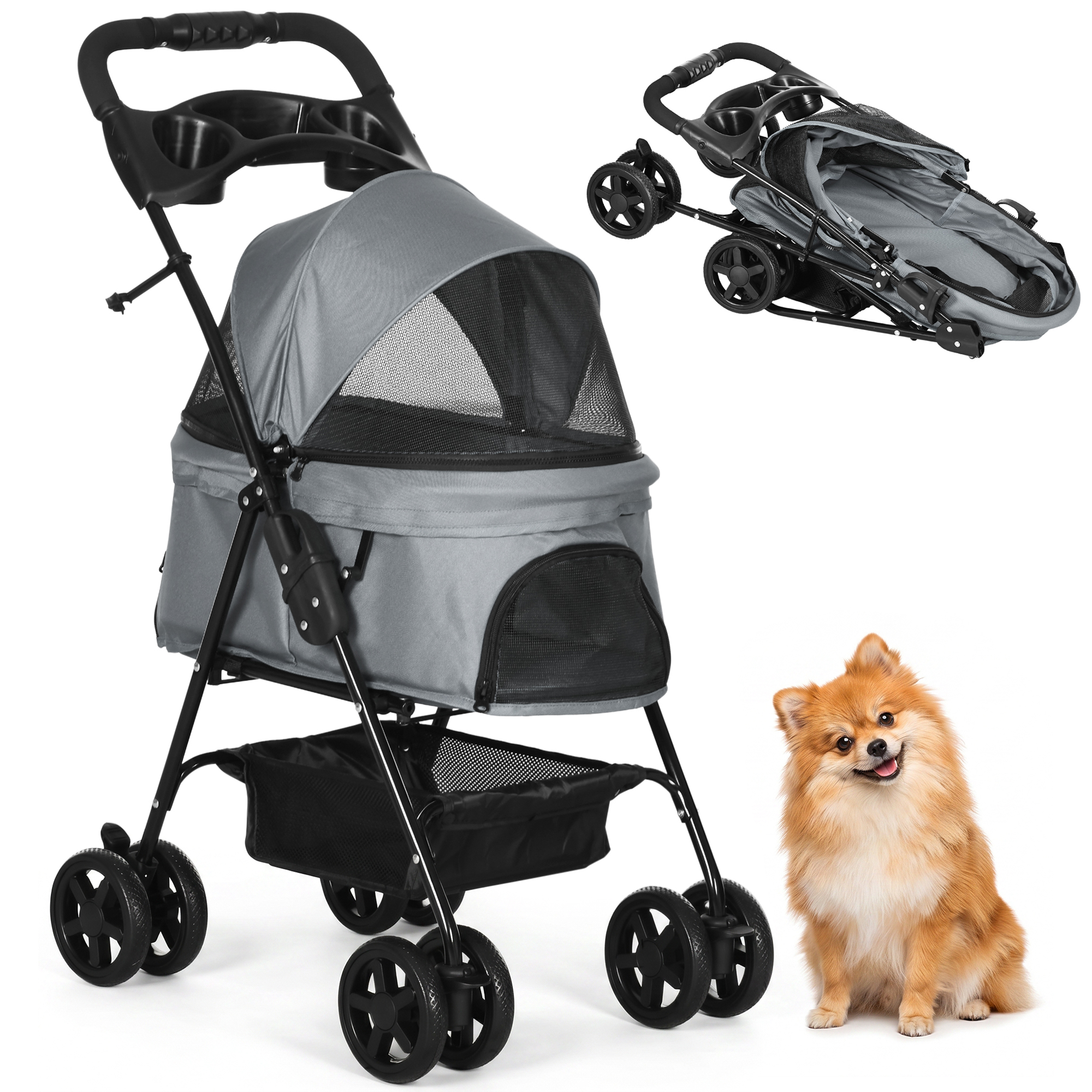 Un passeggino grigio per animali domestici con un piccolo cane Pomerania soffice seduto accanto.