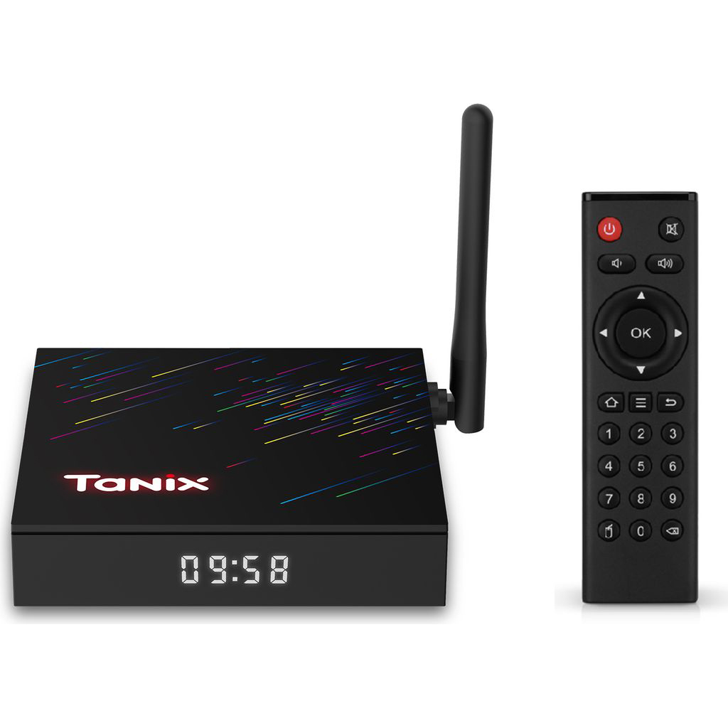 Ein schwarzer Media-Player mit Antenne und Fernbedienung, zeigt 09:58.