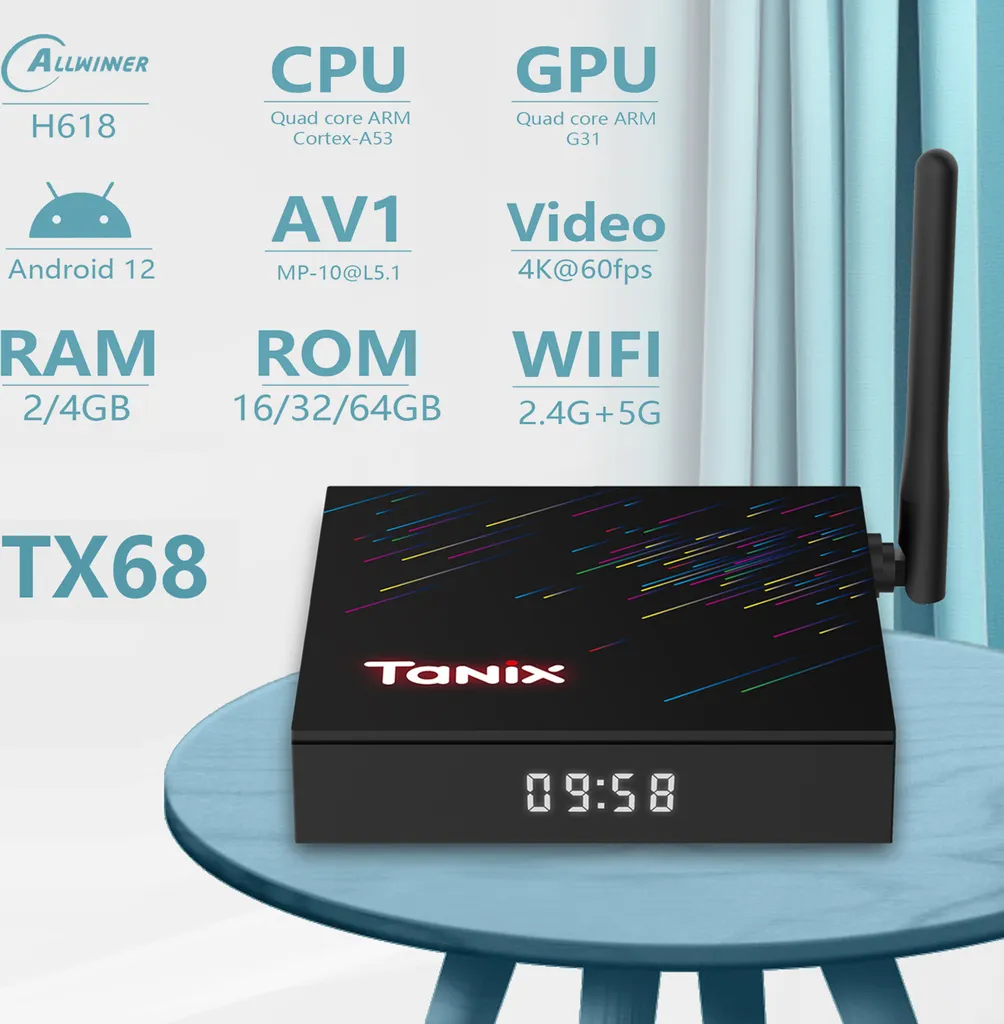 Tanix TX68 Android TV Box mit Spezifikationen: Allwinner H618, Quad-Core CPU/GPU, 2/4 GB RAM, 16-64 GB ROM, WiFi.