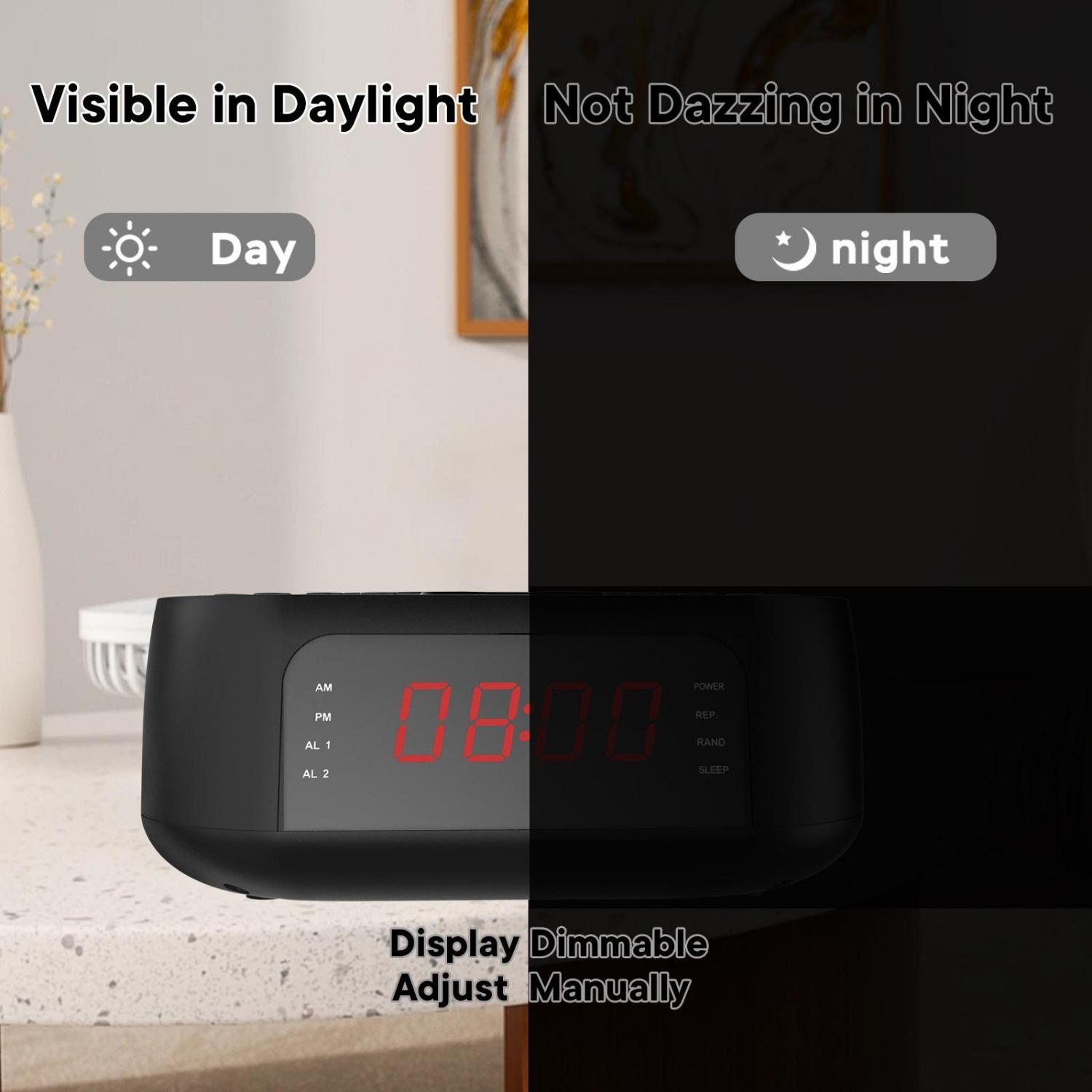 Digitaluhr mit rotem Display, sichtbar bei Tag und Nacht, dimmbar.