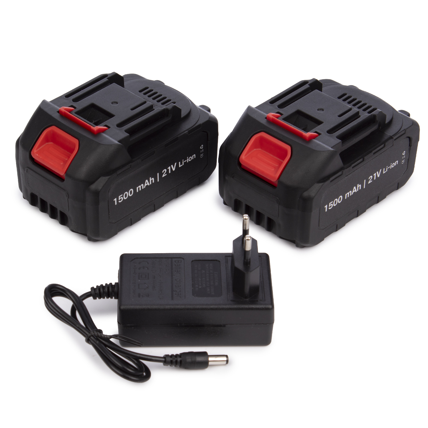 Dos baterías negras de 21V Li-ion con botones rojos de liberación y un cargador.