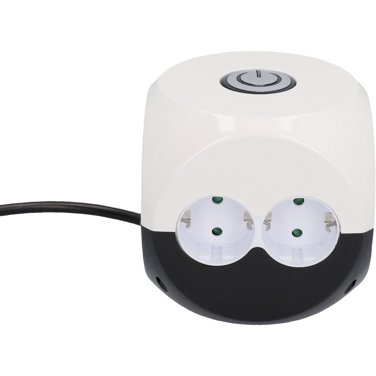 Ein wei'er und schwarzer Steckdosenadapter mit zwei Steckplätzen und Ein-/Ausschalter.