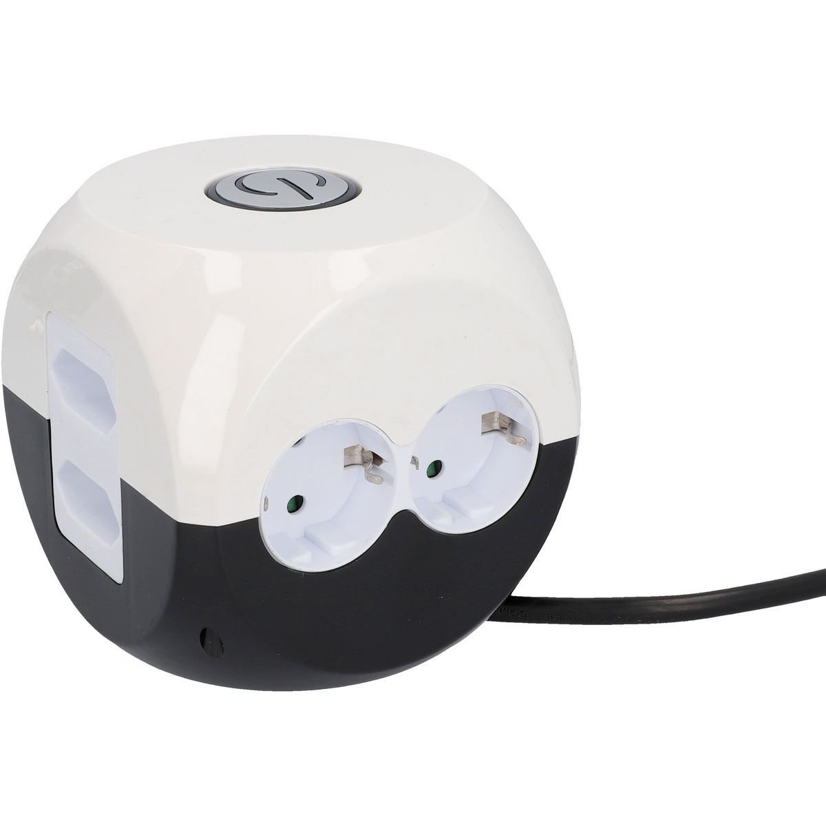 Ein weiß-schwarzer, kugelförmiger Mehrfachsteckdosenadapter mit mehreren Steckdosen und einem Ein-/Ausschalter.