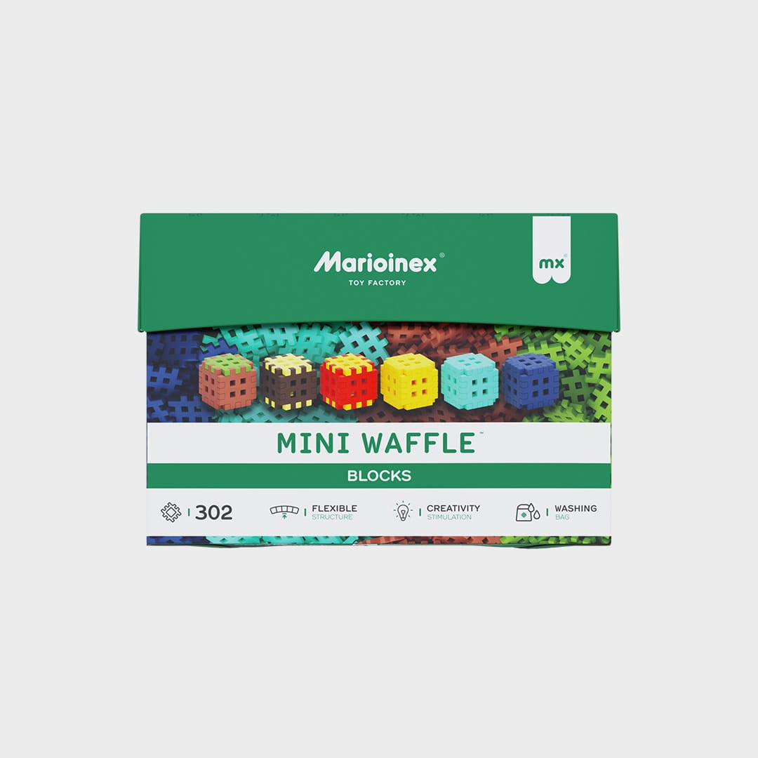 Pudełko klocków Marioinex Mini Waffle z kolorowymi klockami i ikonami.