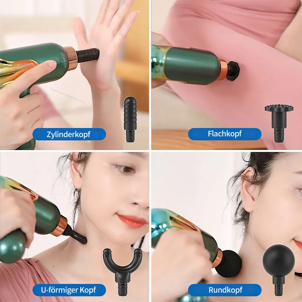 Collage aus vier Bildern, die eine Massagepistole mit verschiedenen Aufsätzen an Körperteilen zeigen.