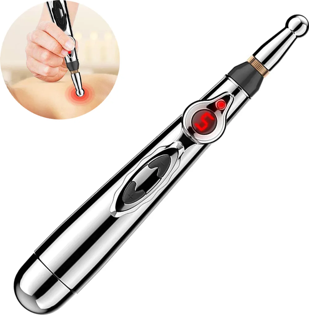 Ein silberner Akupunkturstift mit rotem Display und Bedientasten.
