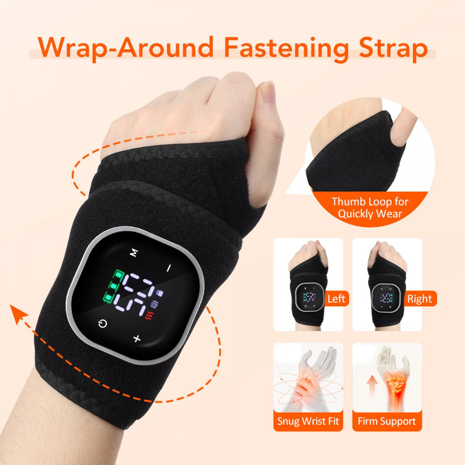 Schwarze Handgelenkbandage mit digitalem Display und Schlaufe für Daumen.