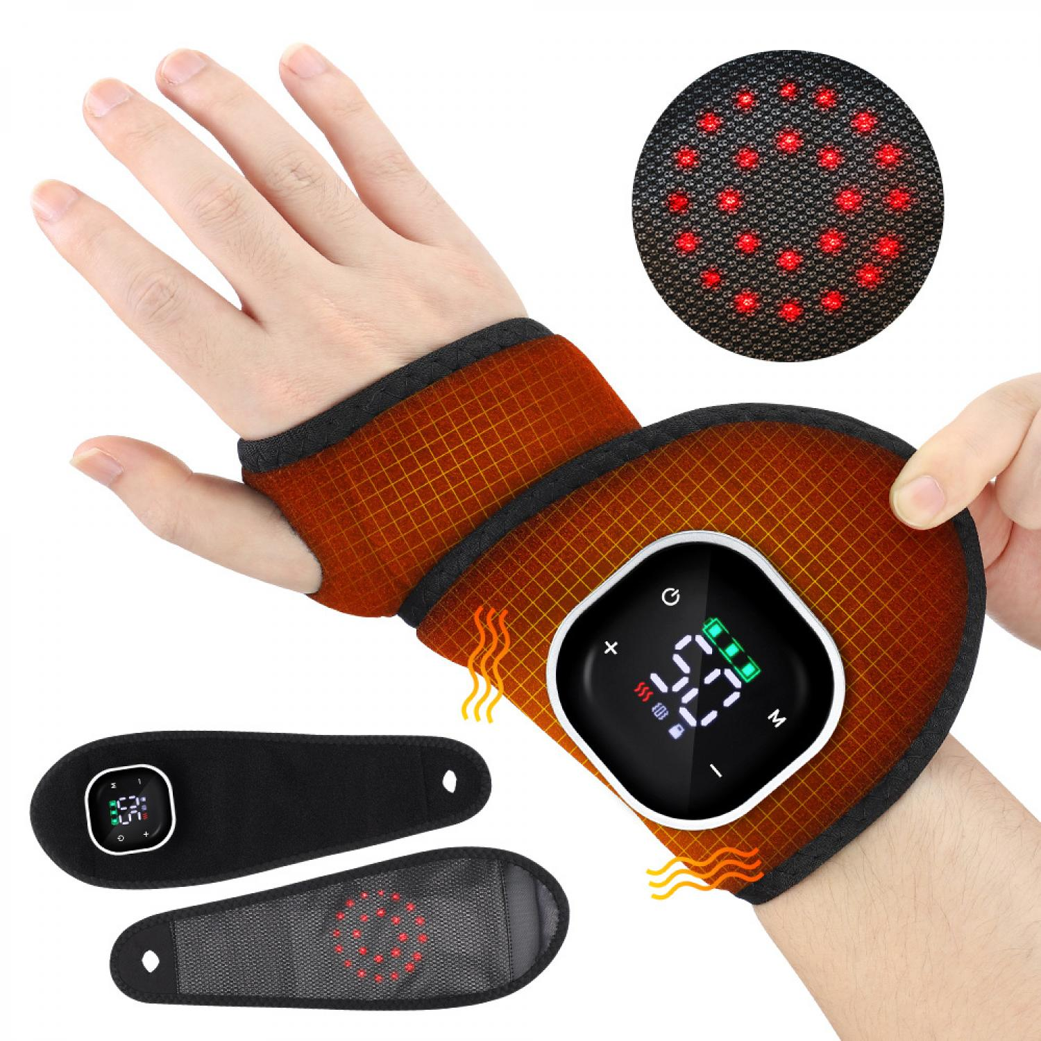Ein Handgelenk-Wärmepack mit digitaler Anzeige und roten Lichtern.