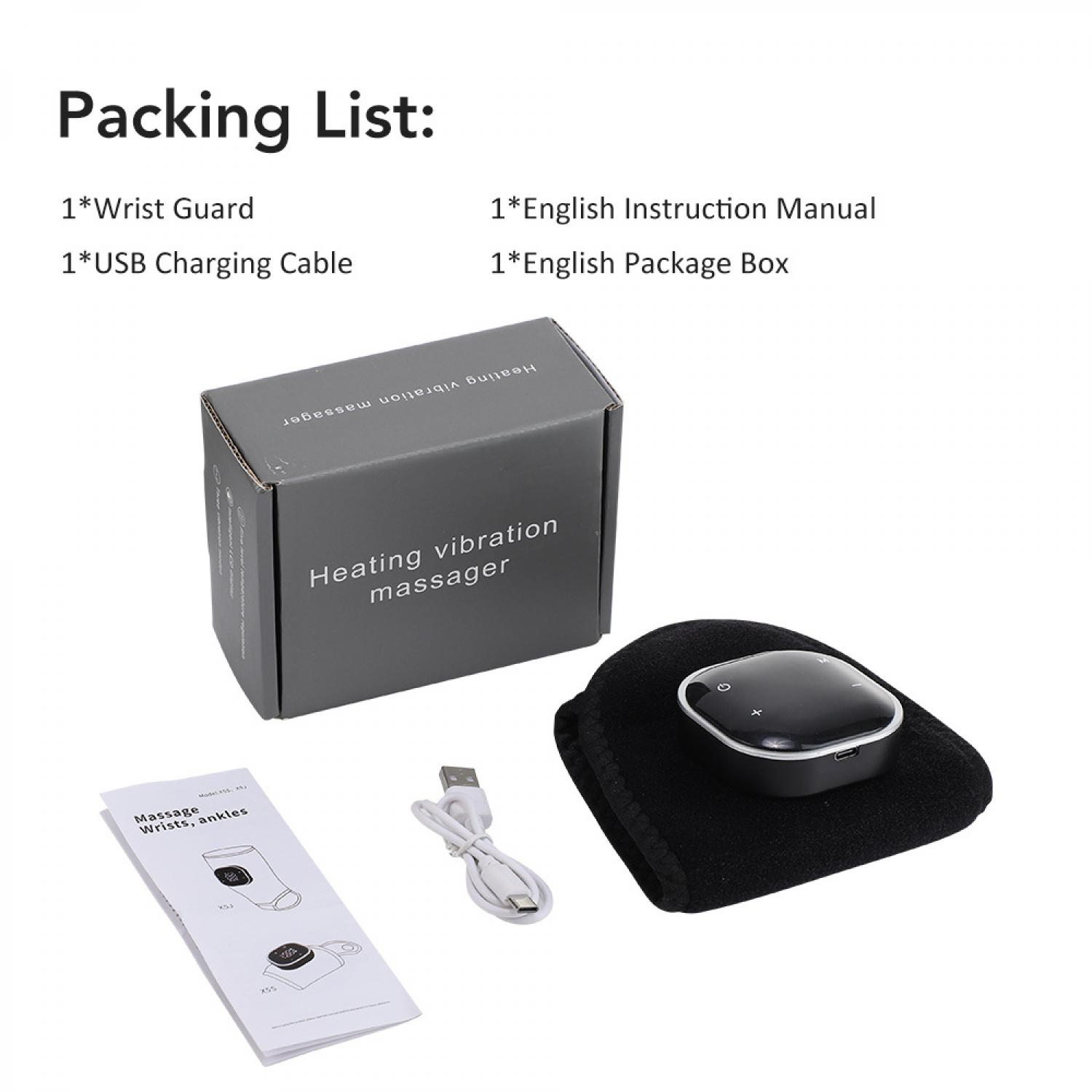 Packliste: Massagegerät, Armband, Kabel, Anleitung und Box.