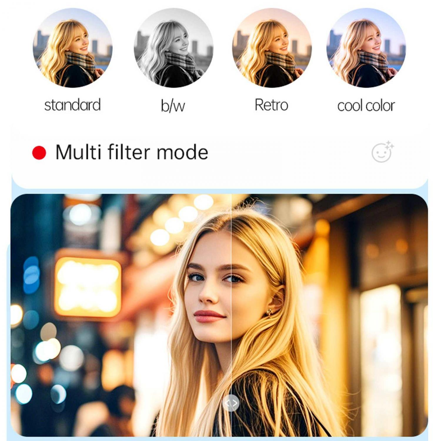 Porträt einer Frau mit Standard-, S/W-, Retro- und Kaltfarbfiltern.