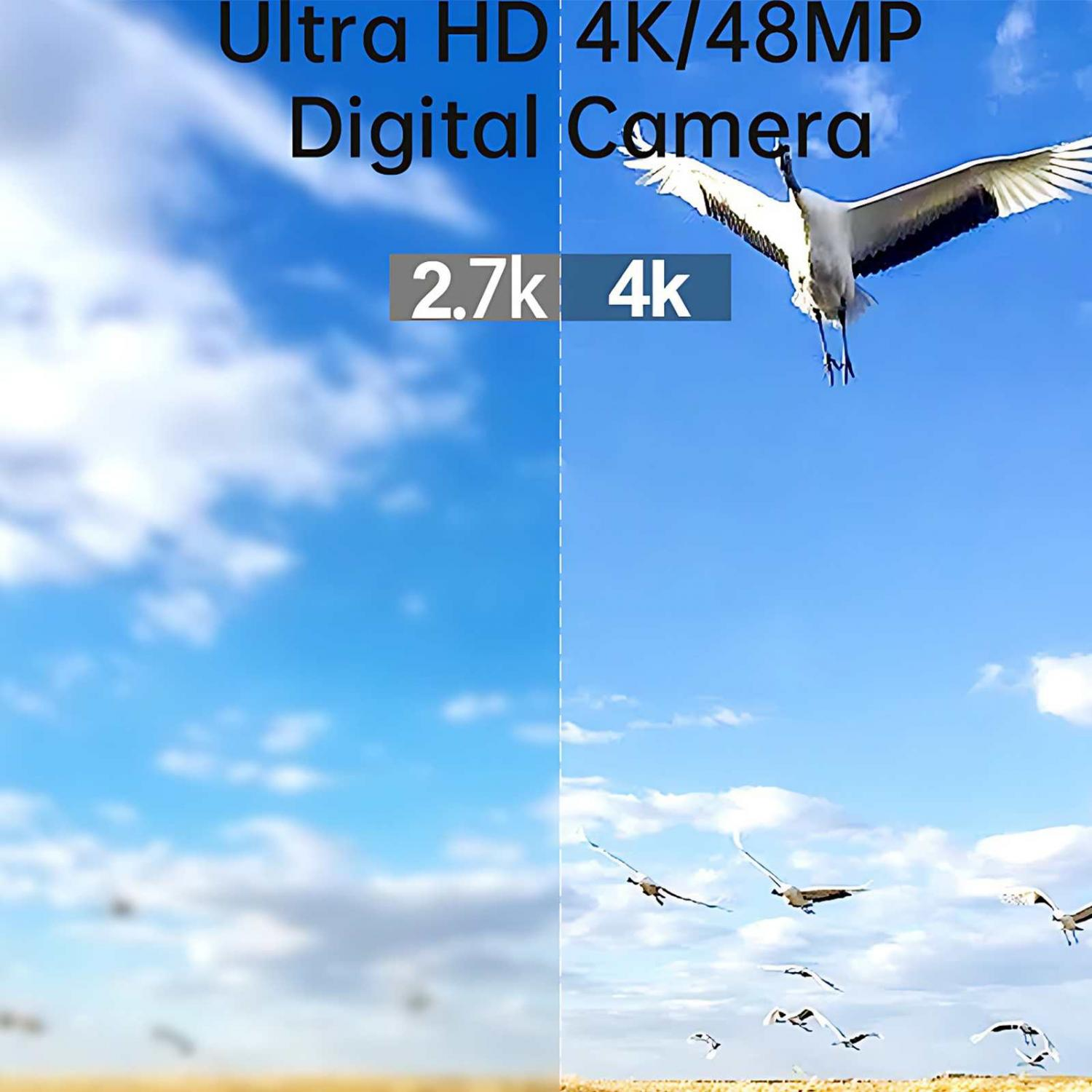 Ein Kranich im Flug vor blauem Himmel mit Wolken. Text: Ultra HD 4K/48MP Digitalkamera.