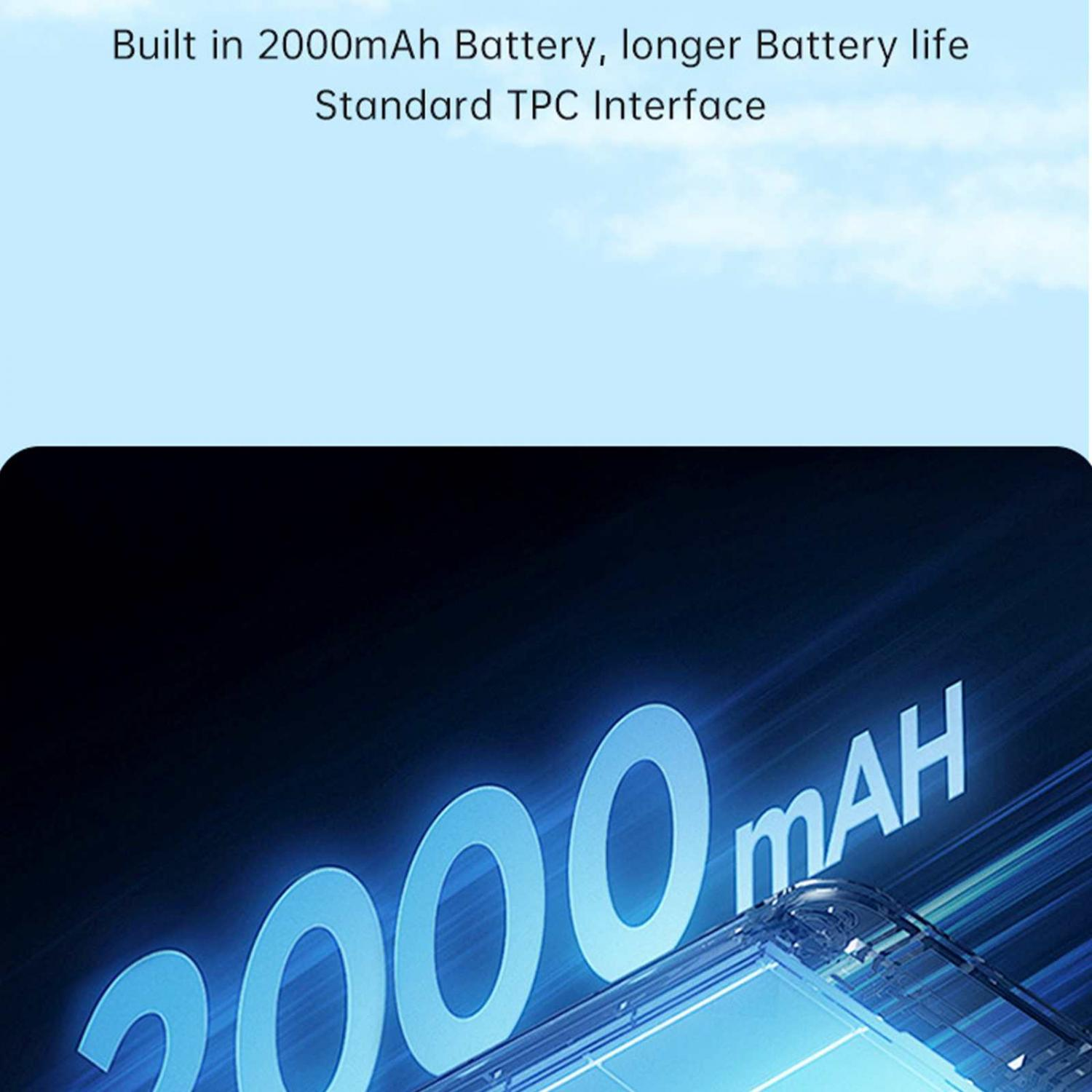 2000mAh Akku, USB-C Schnittstelle, blauer Hintergrund.