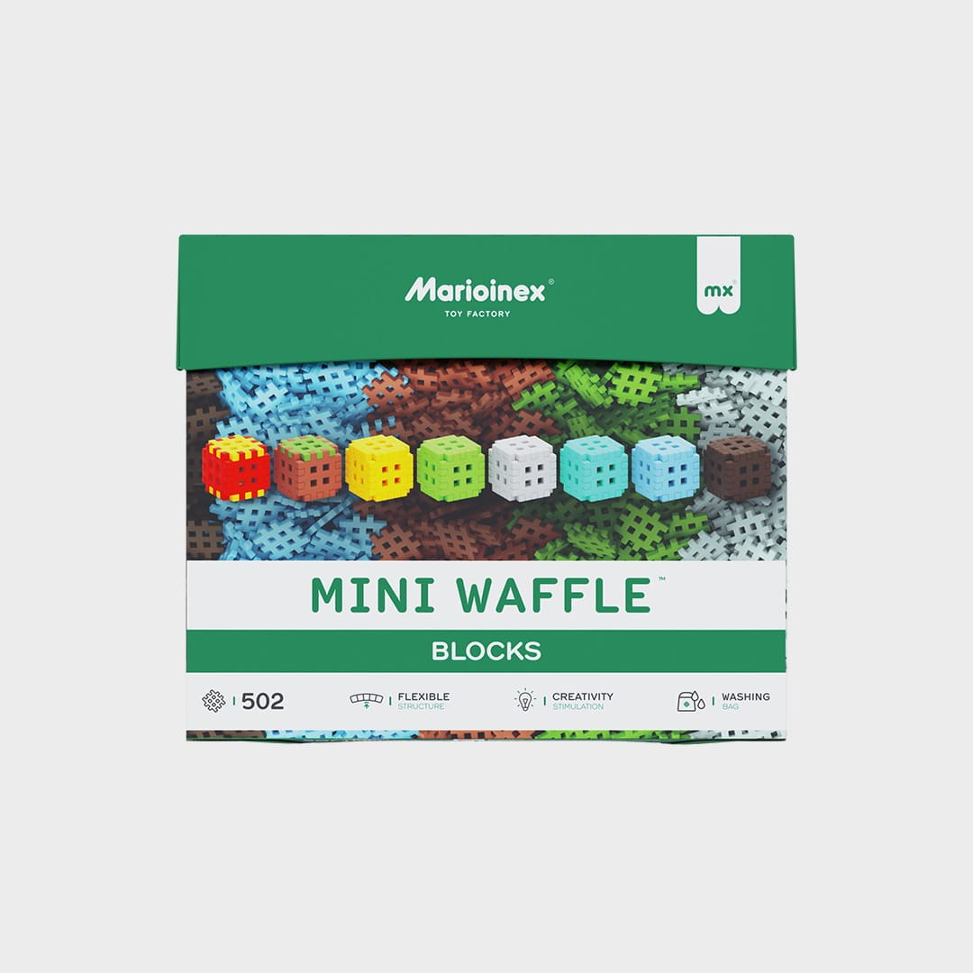 Klocki Marioinex Mini Waffle, 7 kolorowych kostek na kolorowej podstawie.